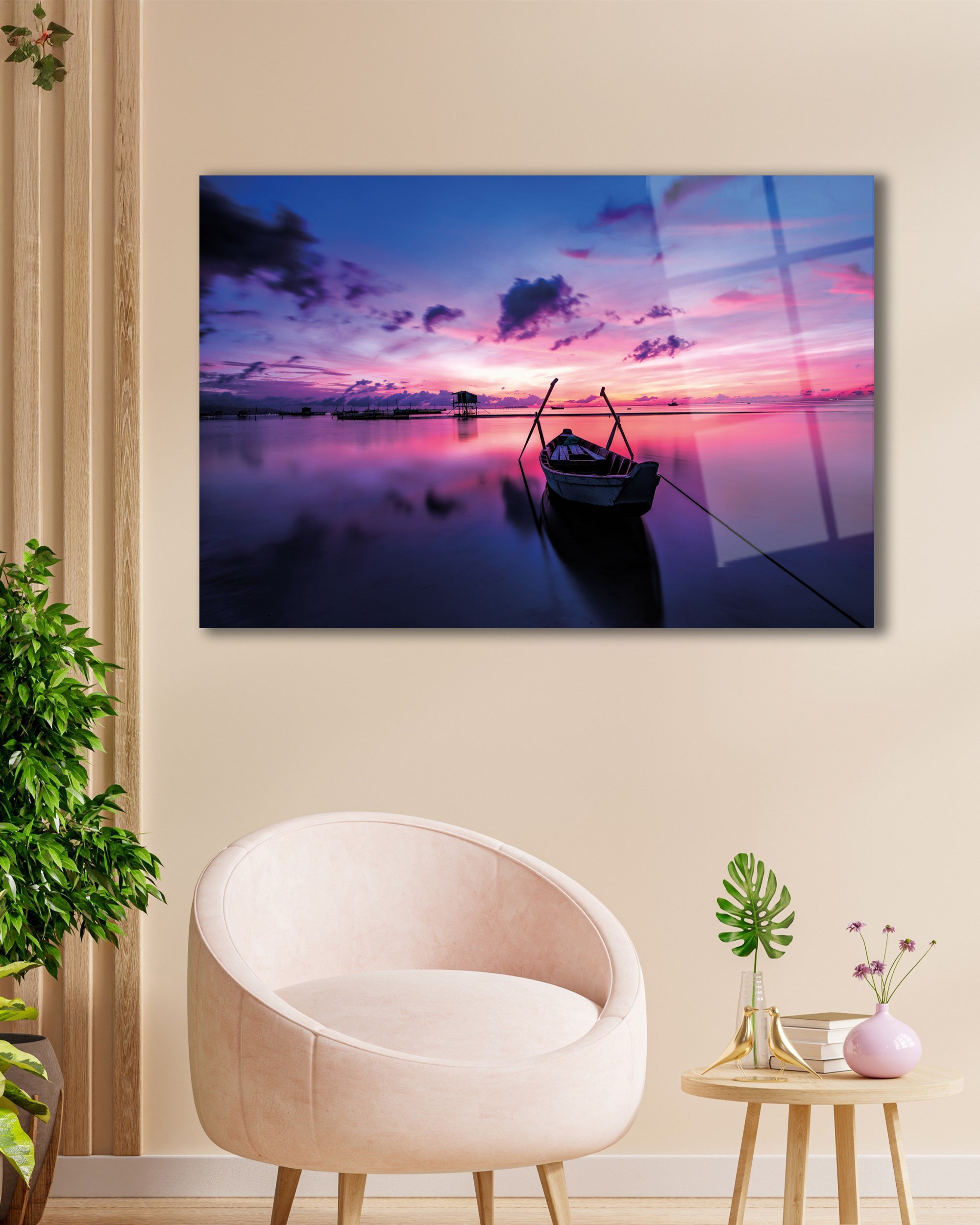 Gün Batımı Kayık Cam Tablo | Mor Deniz Manzaralı Temperli Cam Duvar Tablosu | 4 mm Dekoratif Cam Tablo
