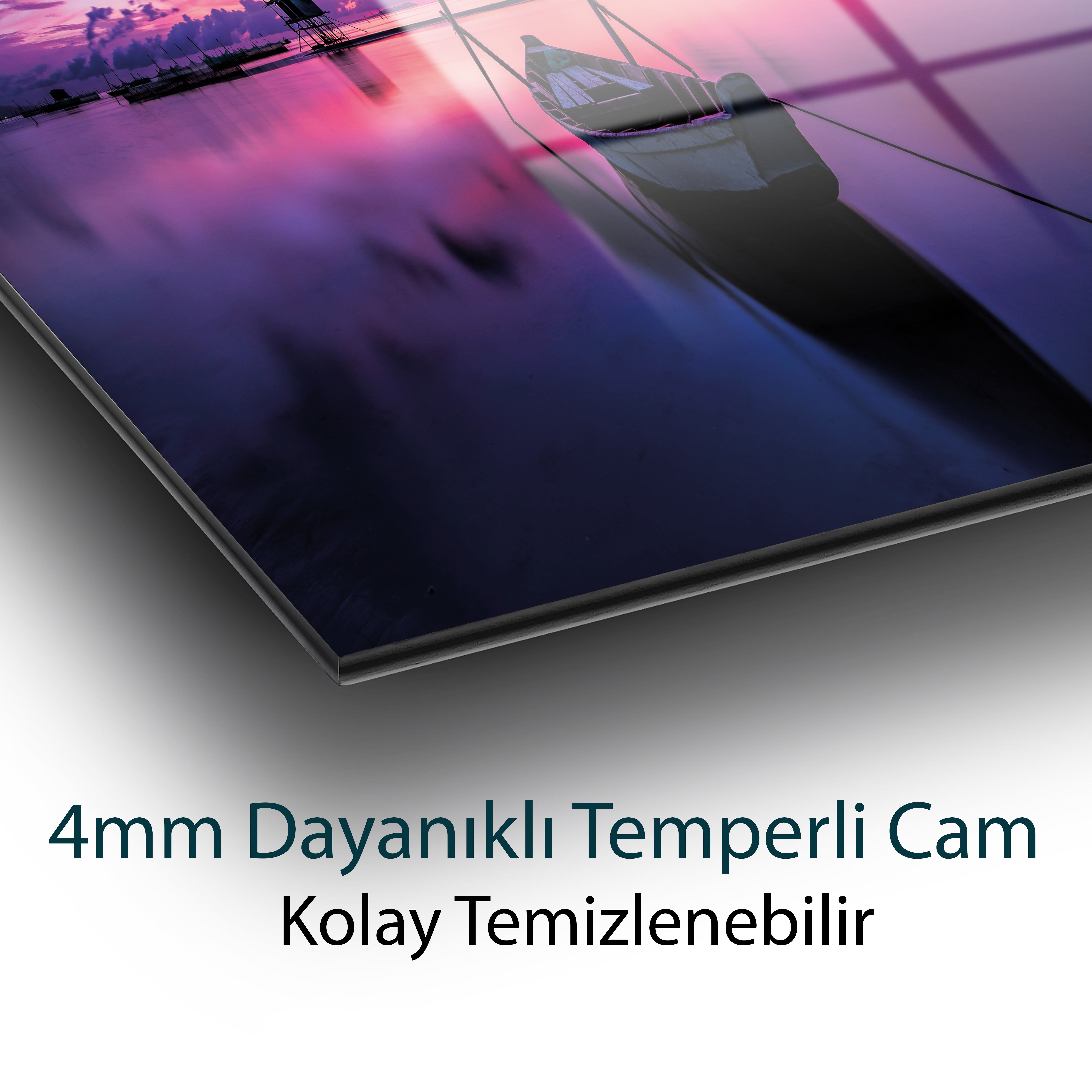 Gün Batımı Kayık Cam Tablo | Mor Deniz Manzaralı Temperli Cam Duvar Tablosu | 4 mm Dekoratif Cam Tablo