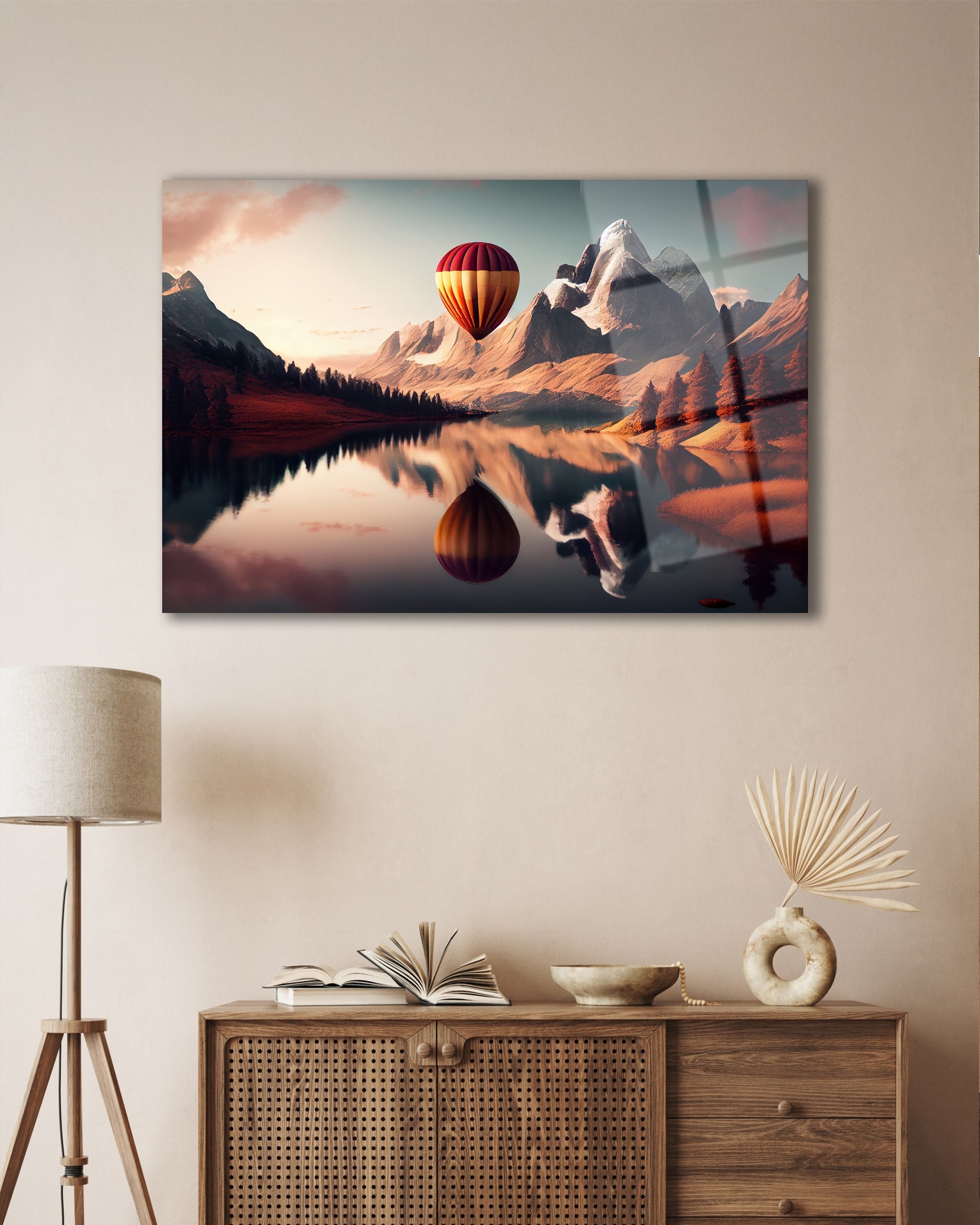 Gün Batımı Manzara Balonlar Cam Tablo Hediyelik Büyük Tablo Ev Ofis Dekoru