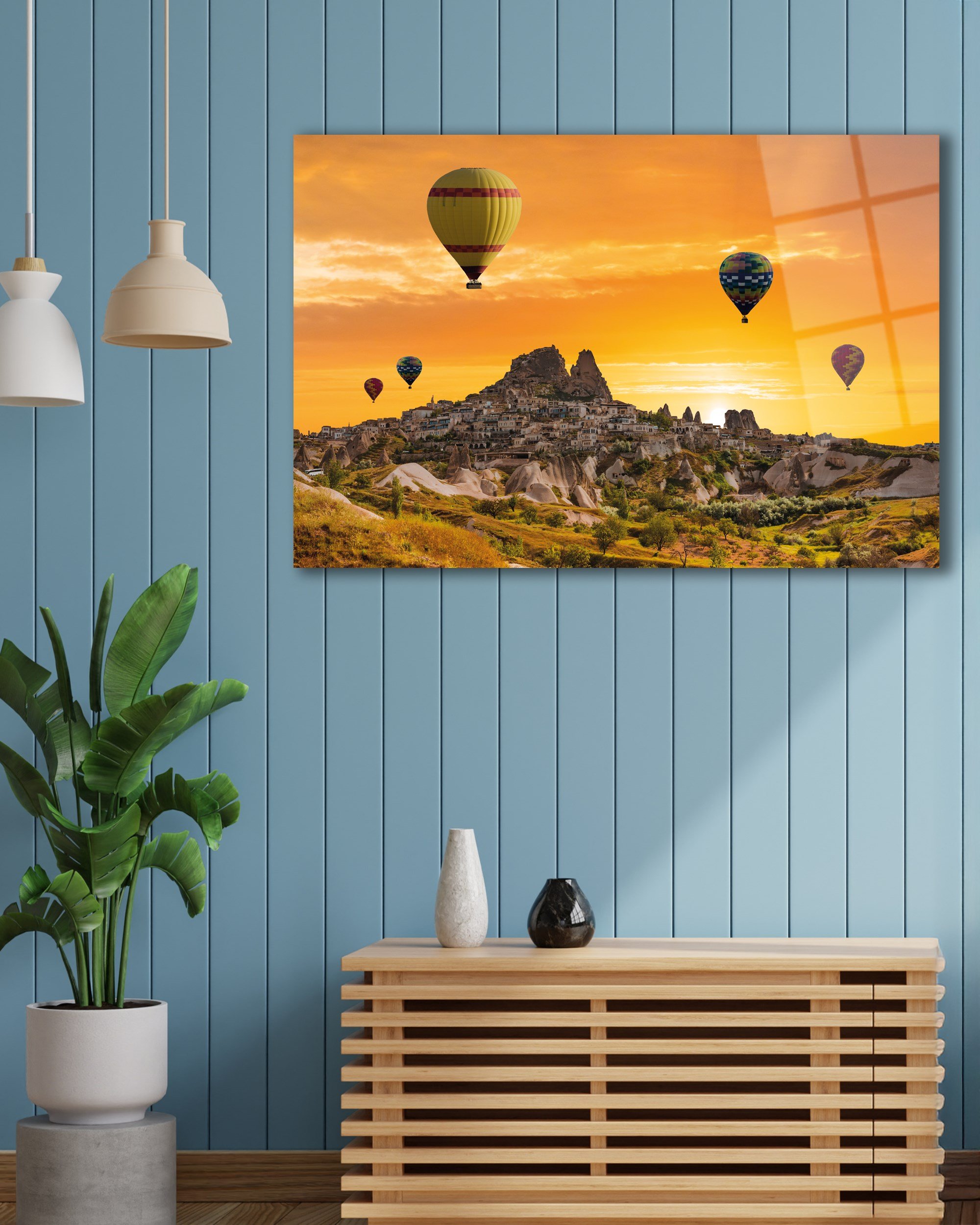 Gün Batımı Manzara Balonlar Cam Tablo Hediyelik Büyük Tablo Ev Ofis Dekoru