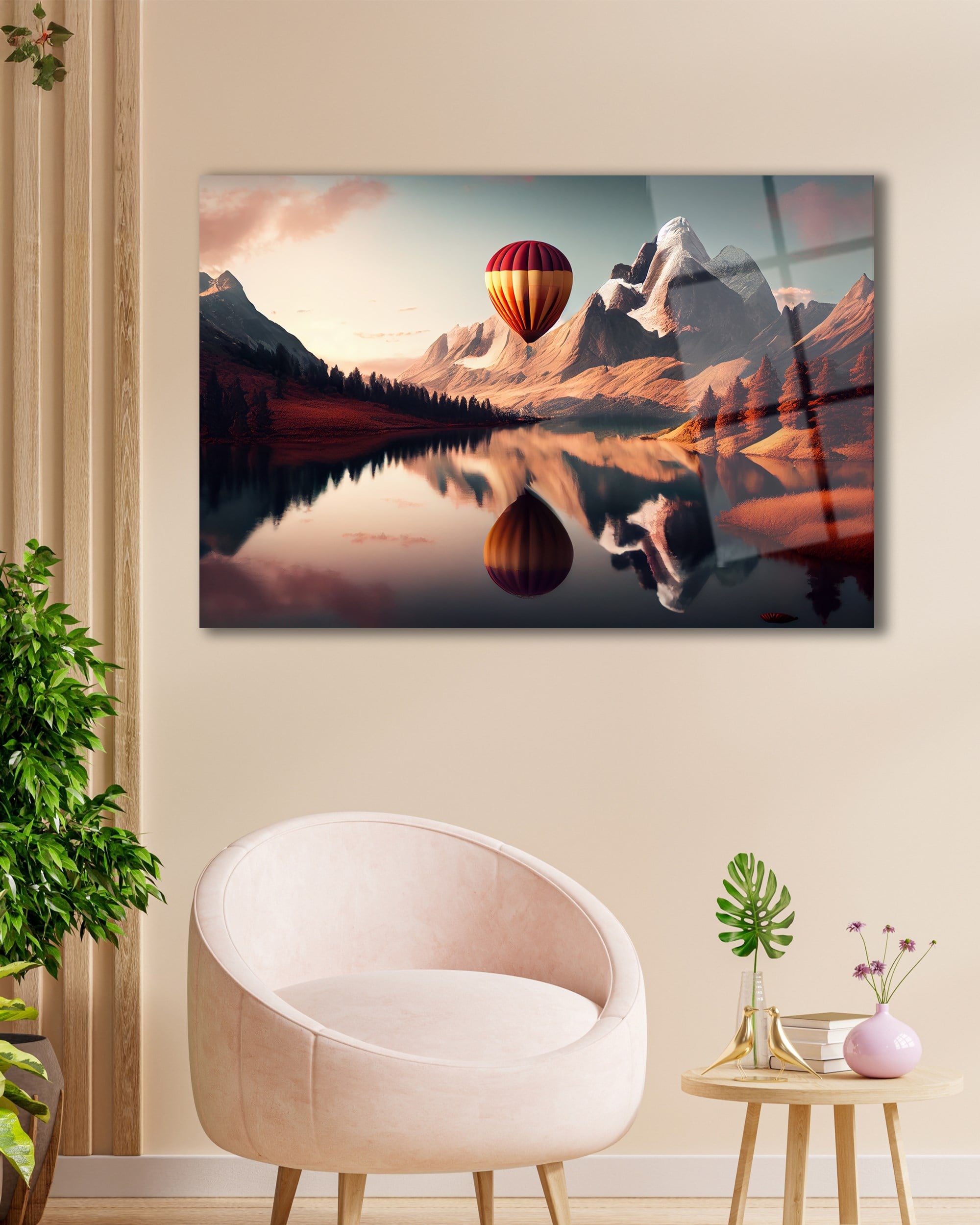 Gün Batımı Manzara Balonlar Cam Tablo Hediyelik Büyük Tablo Ev Ofis Dekoru