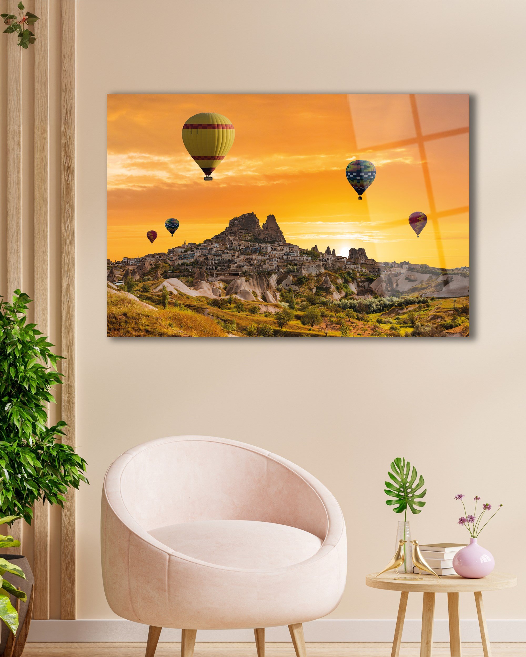 Gün Batımı Manzara Balonlar Cam Tablo Hediyelik Büyük Tablo Ev Ofis Dekoru