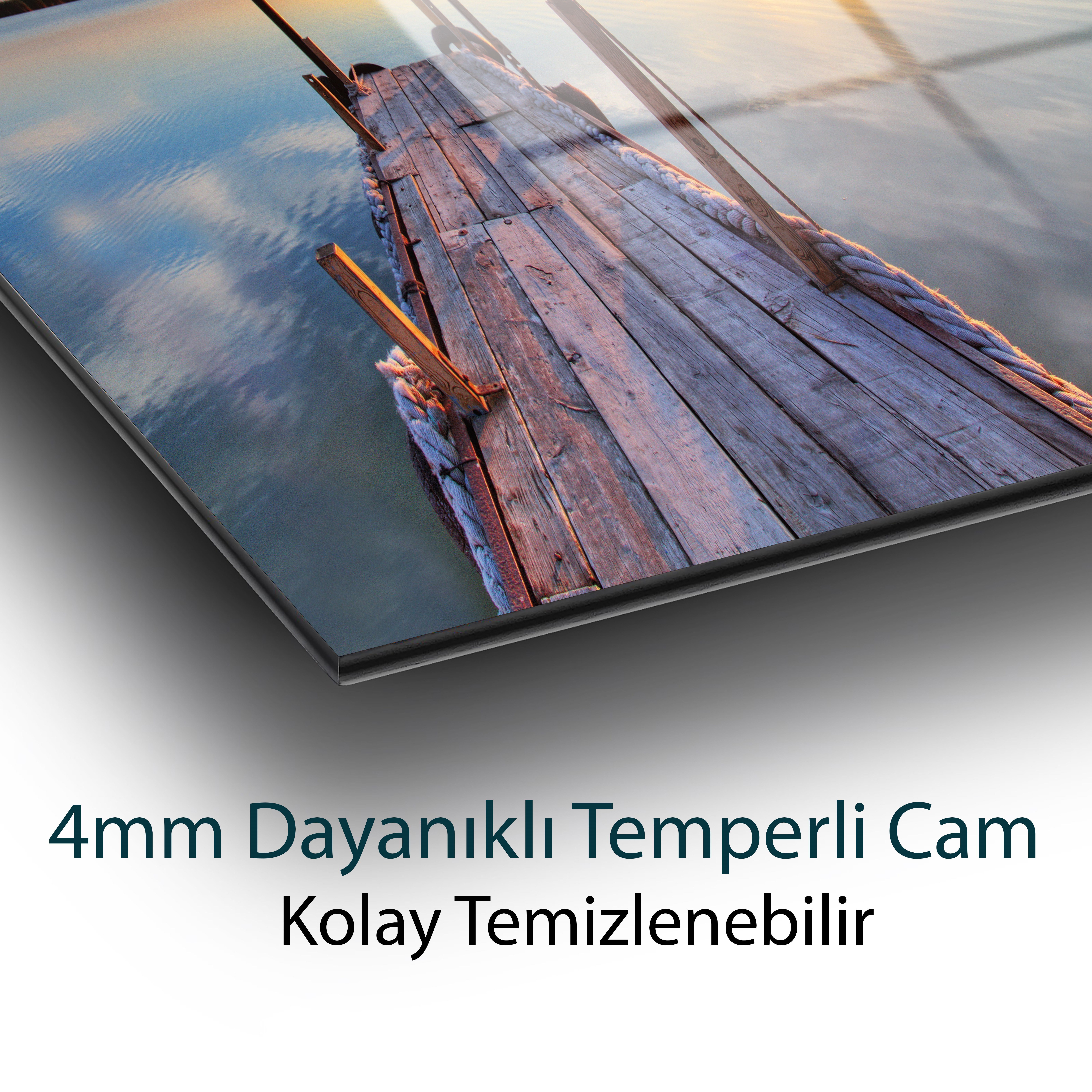 Huzura Açılan İskele Gün Batımı Göl Manzarası Temperli Cam Tablo