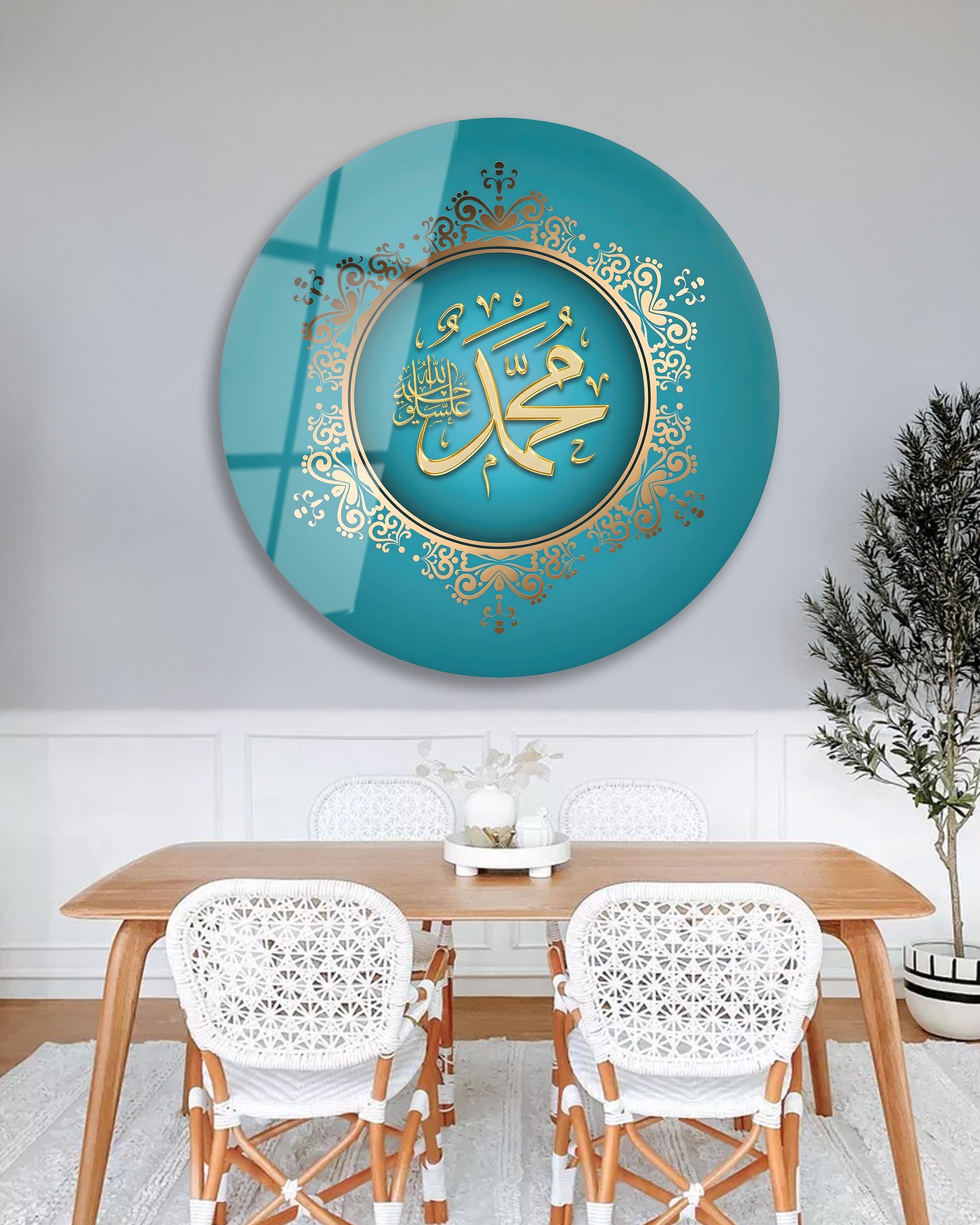 Hz. Muhammed Cam Tablo, Yuvarlak Modern Ofis Makam Odası Hediyelik Büyük Tablo