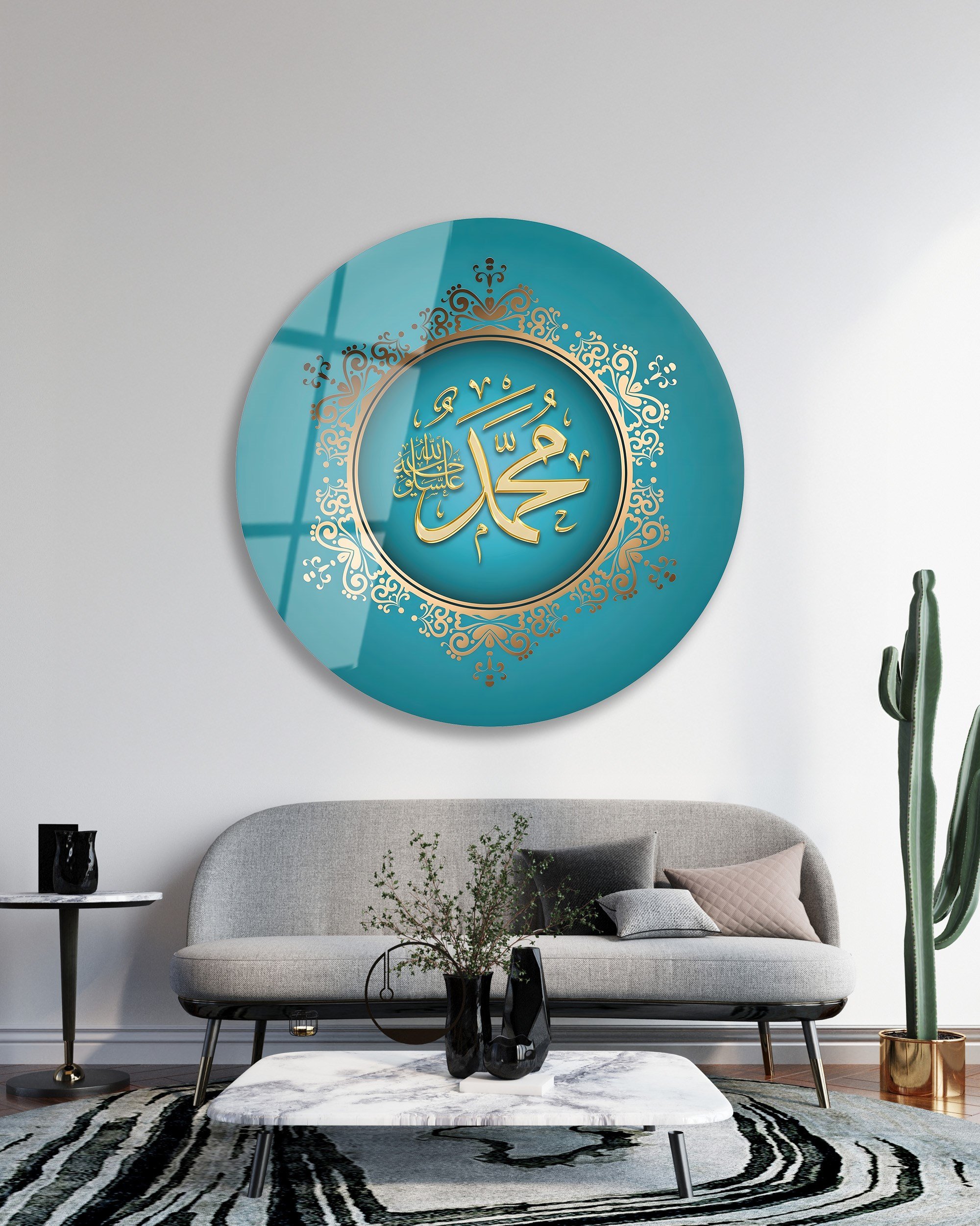 Hz. Muhammed Cam Tablo, Yuvarlak Modern Ofis Makam Odası Hediyelik Büyük Tablo