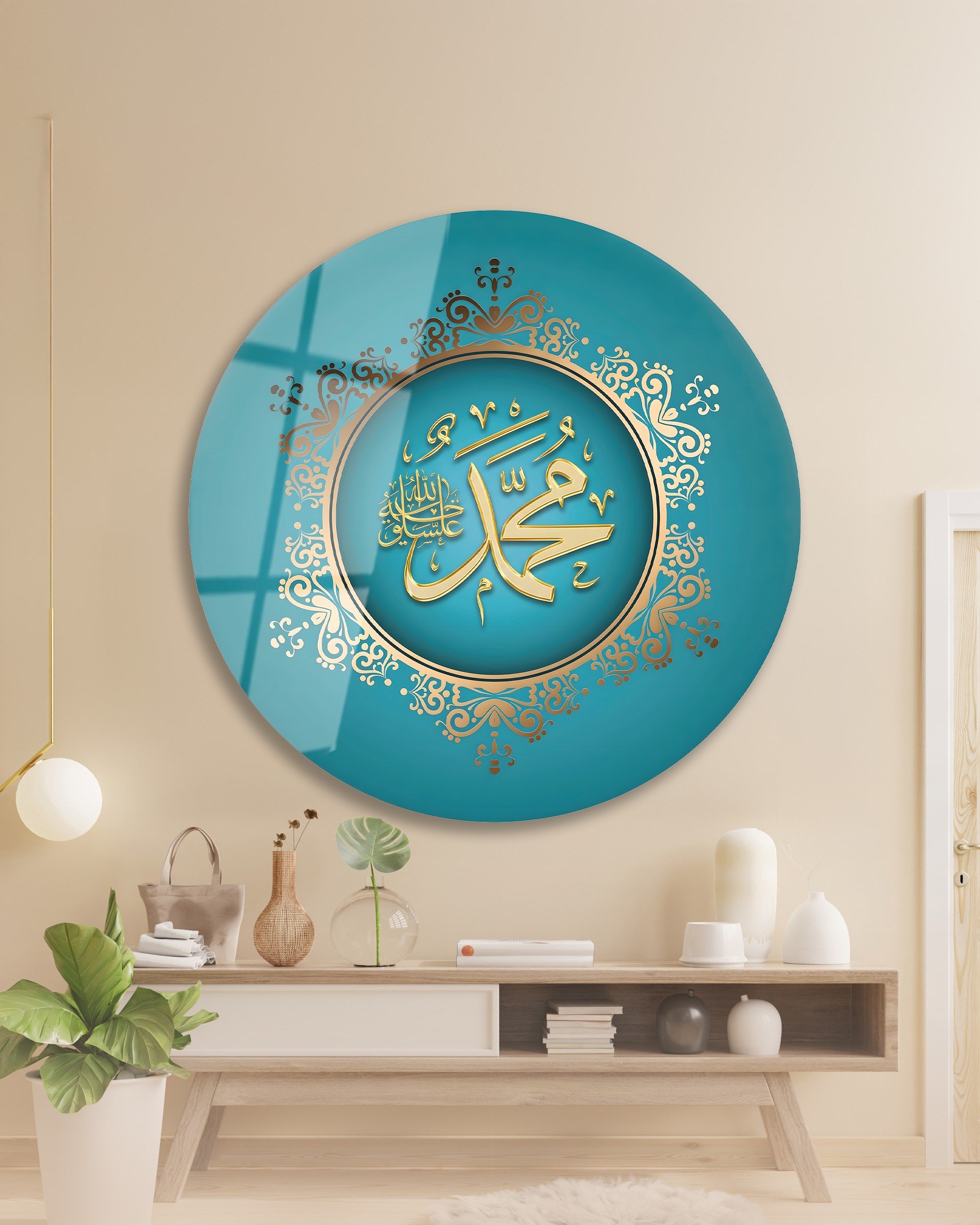 Hz. Muhammed Cam Tablo, Yuvarlak Modern Ofis Makam Odası Hediyelik Büyük Tablo