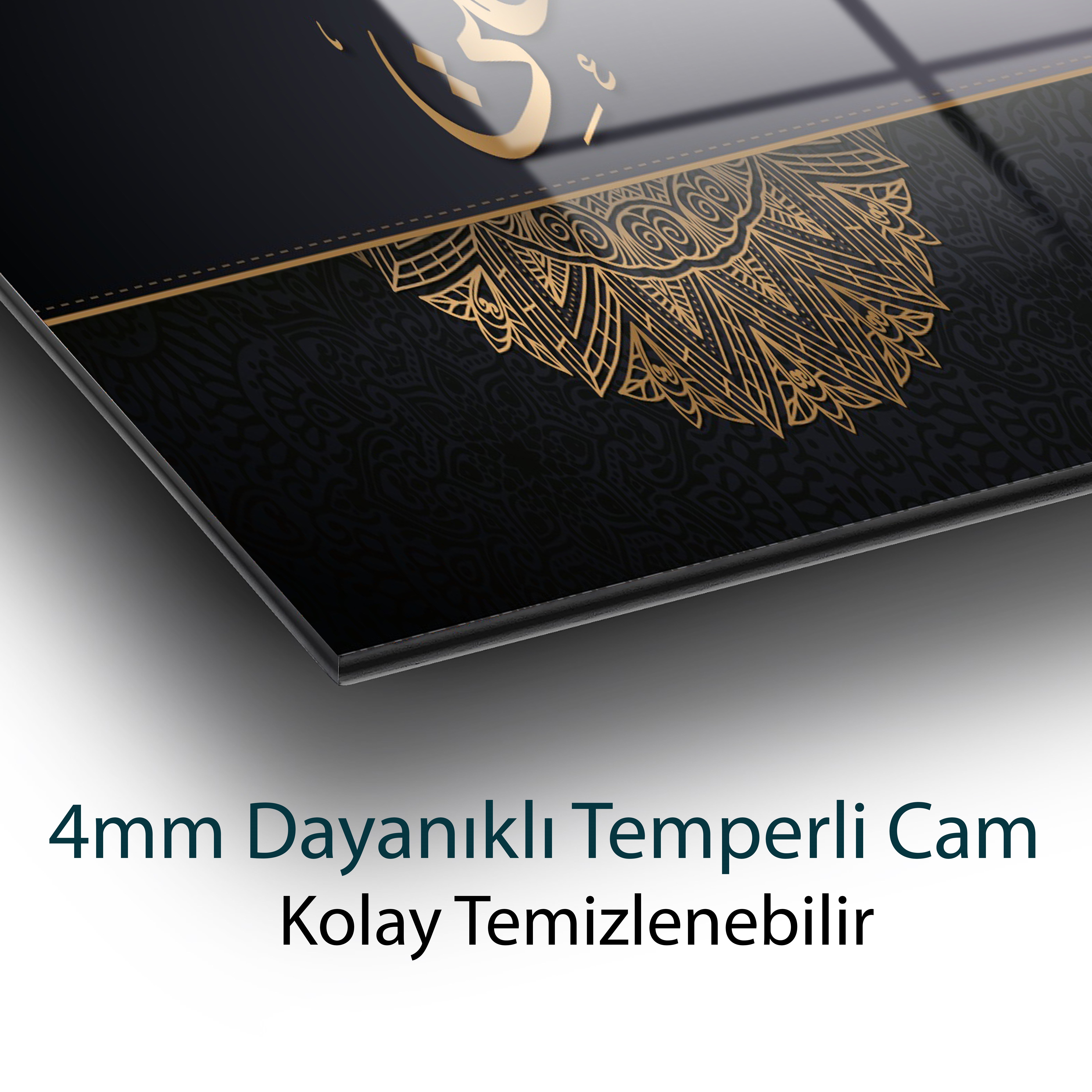 Hz. Ali Yazılı Cam Tablo | Altın İşlemeli İslami Hat Sanatı Temperli Cam Duvar Tablosu | 4 mm Dekoratif Cam Tablo
