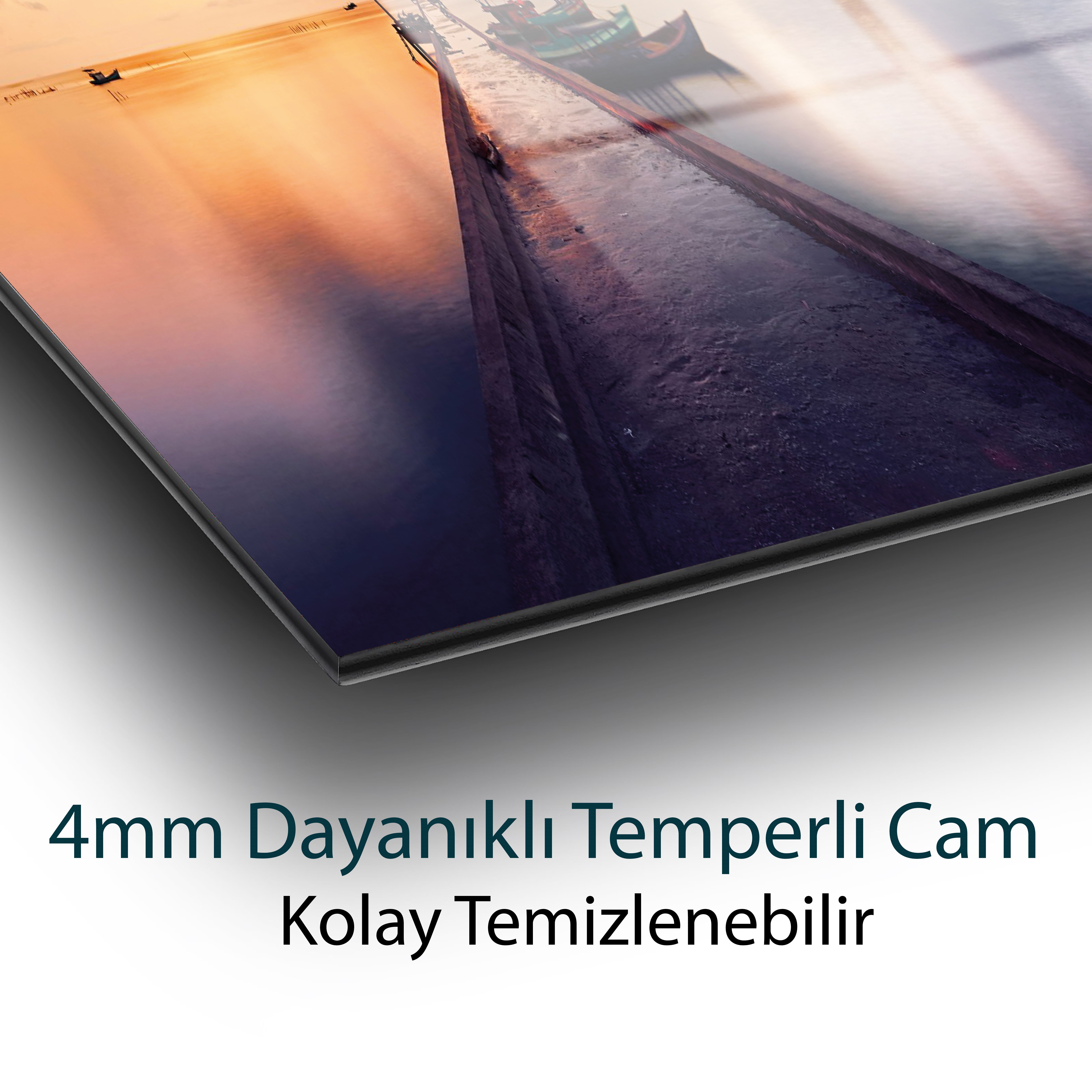 İskele ve Gün Batımı Cam Tablo | Deniz Manzaralı Temperli Cam Duvar Tablosu | 4 mm Dekoratif Cam Tablo