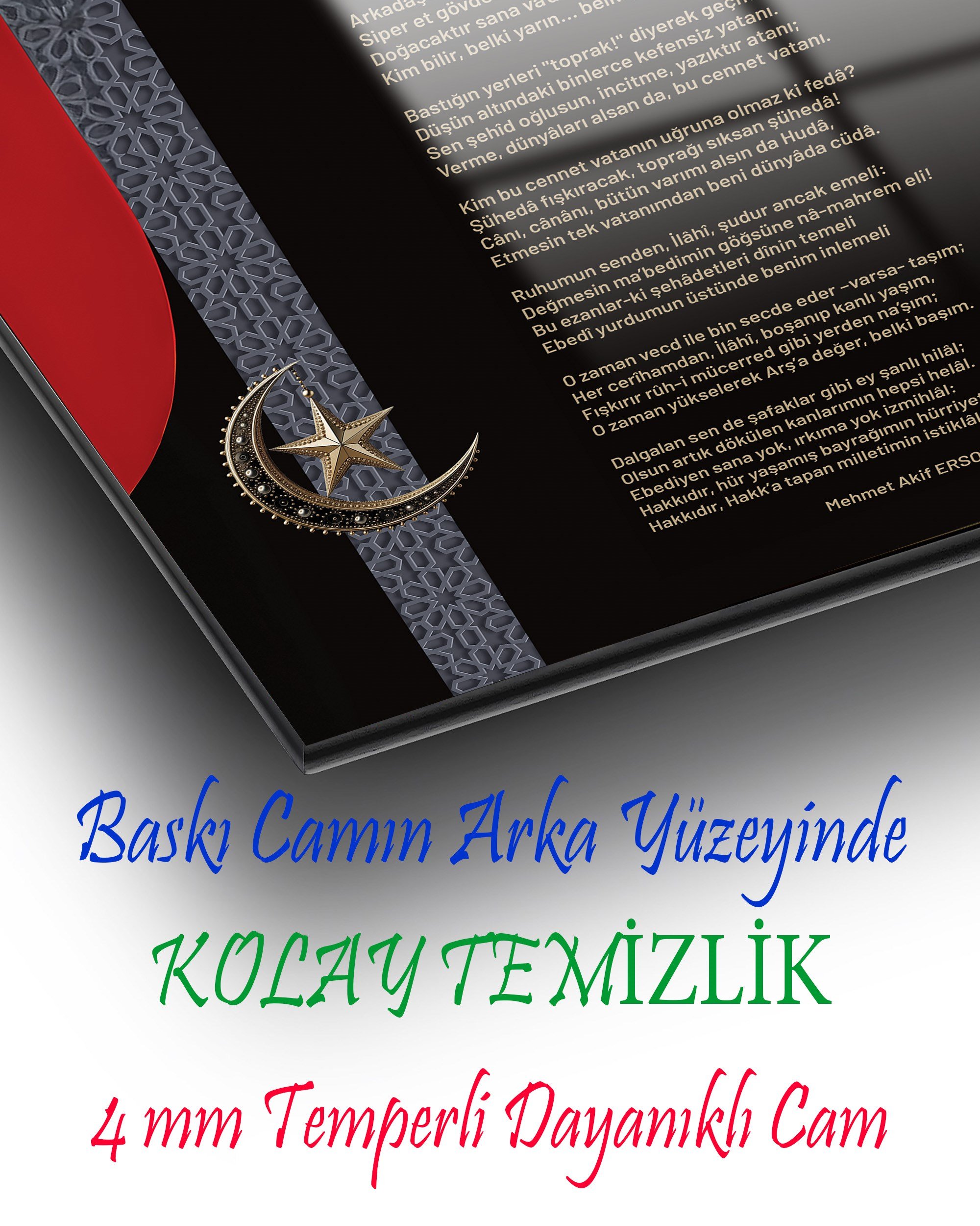 İstiklal Marşı Cam Tablo | Türk Bayraklı Mehmet Akif Ersoy Premium Temperli Cam Duvar Tablosu