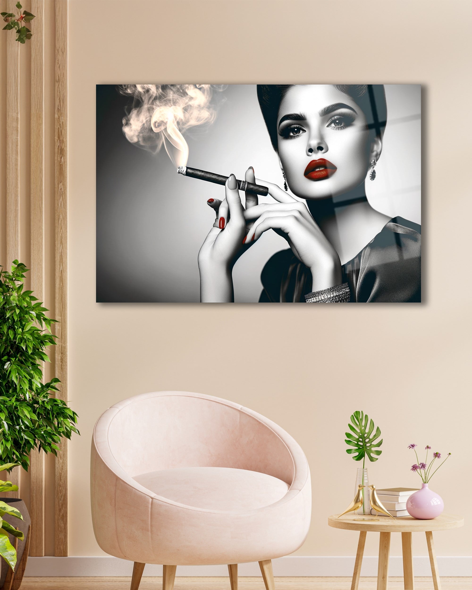 Kadın Portre Cam Tablo | Siyah Beyaz Glamour Kadın Temperli Cam Duvar Tablosu | 4 mm Dekoratif Cam Tablo
