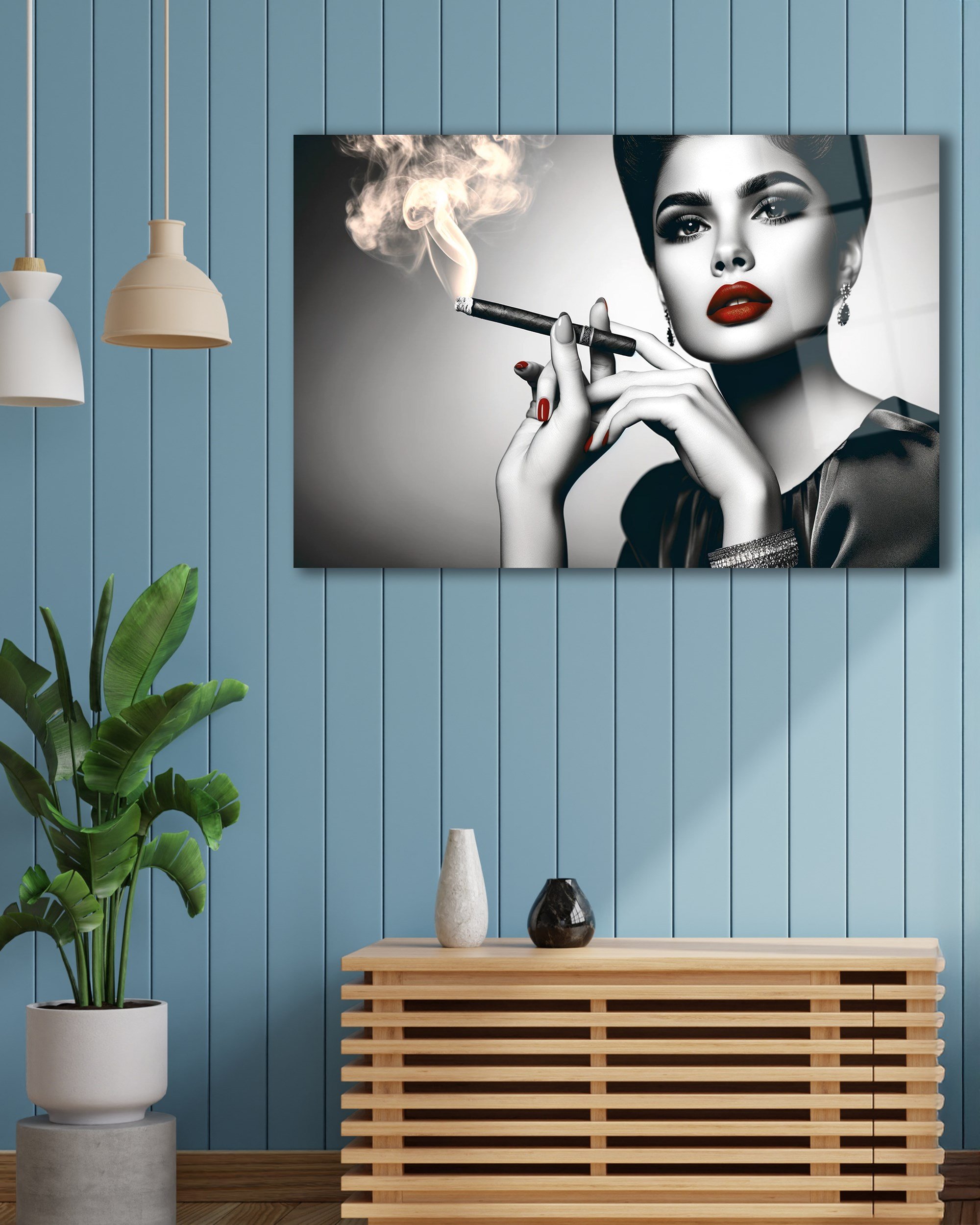 Kadın Portre Cam Tablo | Siyah Beyaz Glamour Kadın Temperli Cam Duvar Tablosu | 4 mm Dekoratif Cam Tablo
