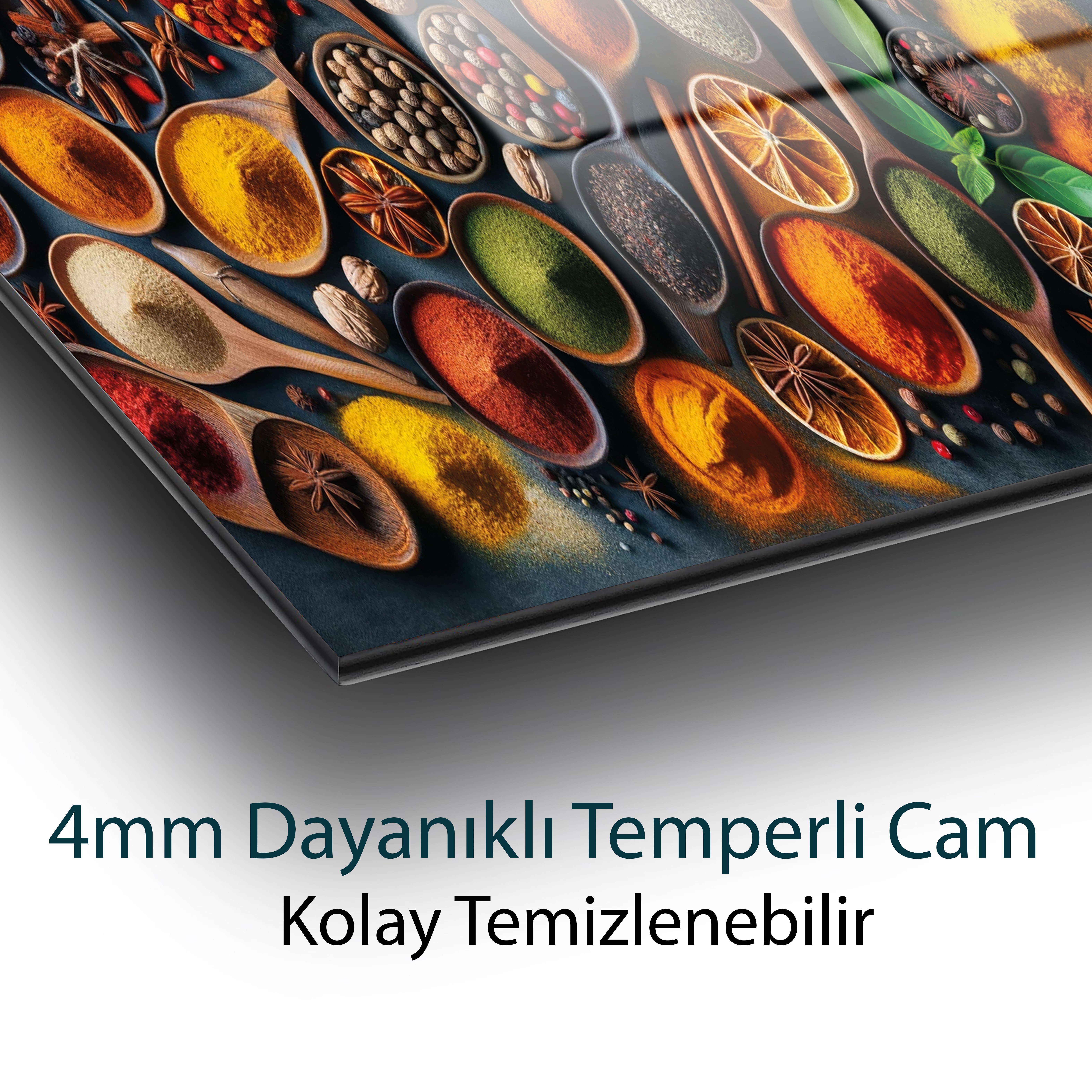 Kaşıklarda Baharatlar Cam Tablo Yapay Zeka Hediyelik Büyük Tablo Ev Ofis Dekoru