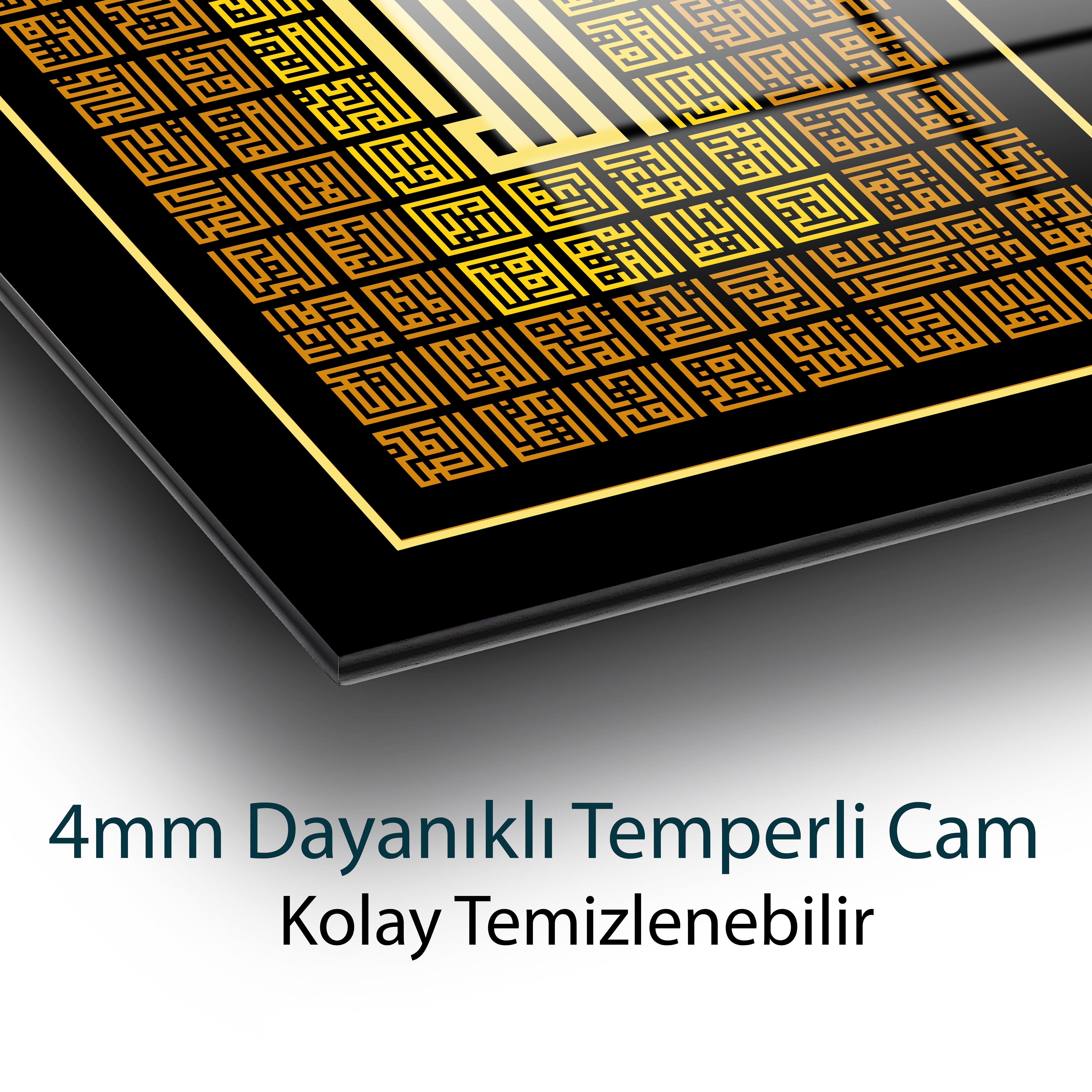 Kelime-i Tevhid Kufi Hat Cam Tablo | Altın Siyah İslami Hat Sanatı | 4 mm Temperli Cam Duvar Tablosu