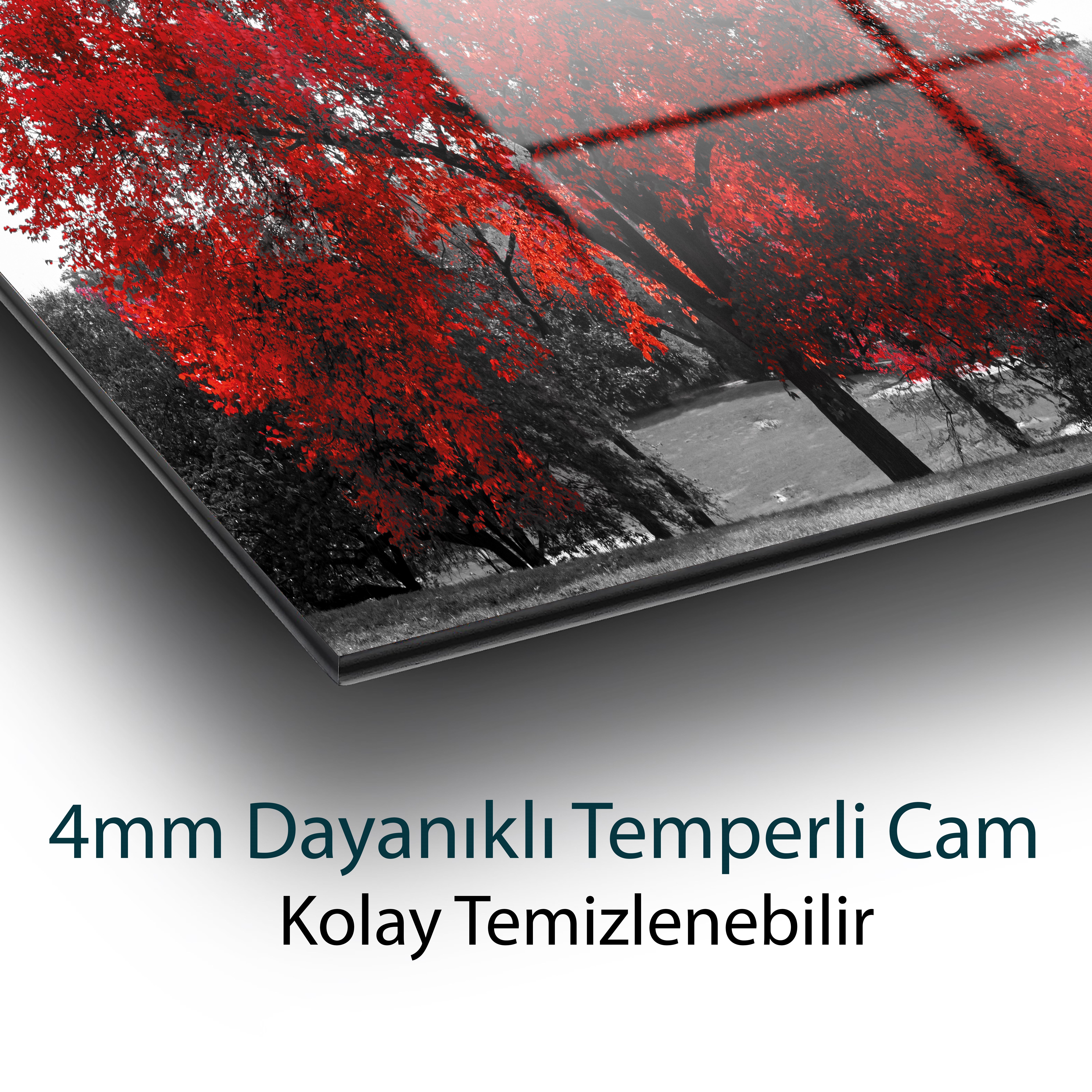 Kırmızı Ağaç Manzara Cam Tablo Hediyelik Büyük Tablo Ev Ofis Dekoru
