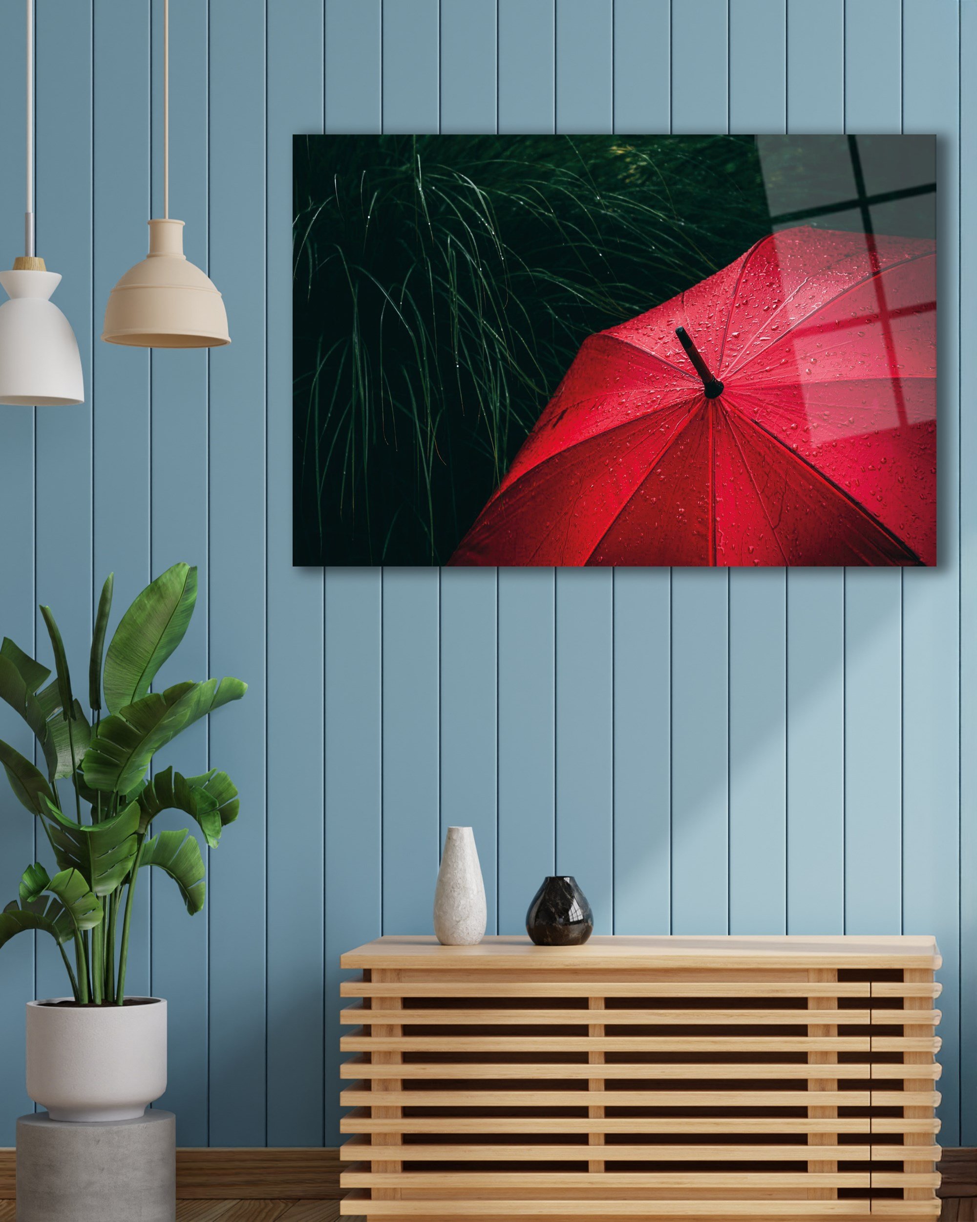 Kırmızı Şemsiye Cam Tablo | Yağmur Temalı Modern Temperli Cam Duvar Tablosu | 4 mm Dekoratif Cam Tablo