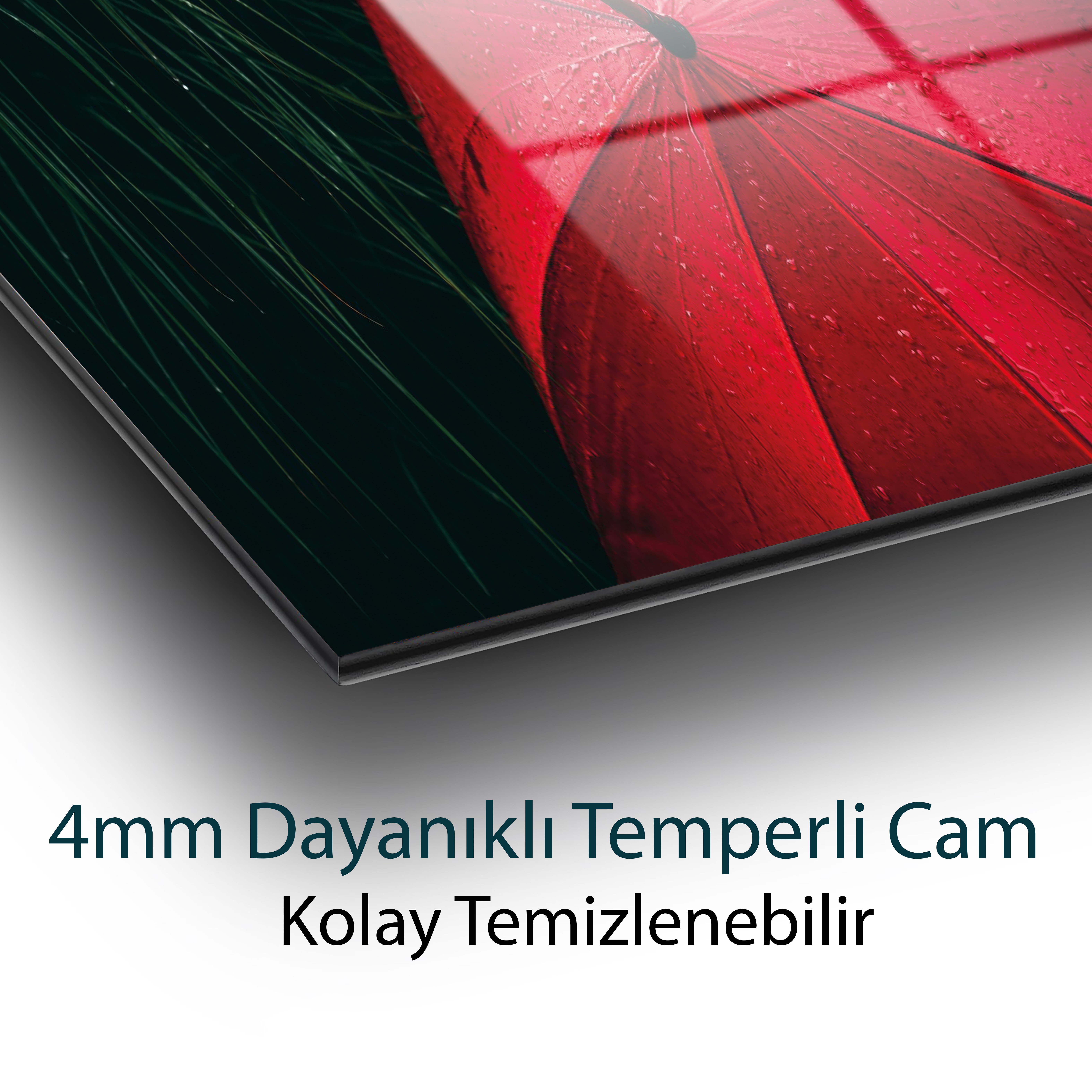 Kırmızı Şemsiye Cam Tablo | Yağmur Temalı Modern Temperli Cam Duvar Tablosu | 4 mm Dekoratif Cam Tablo