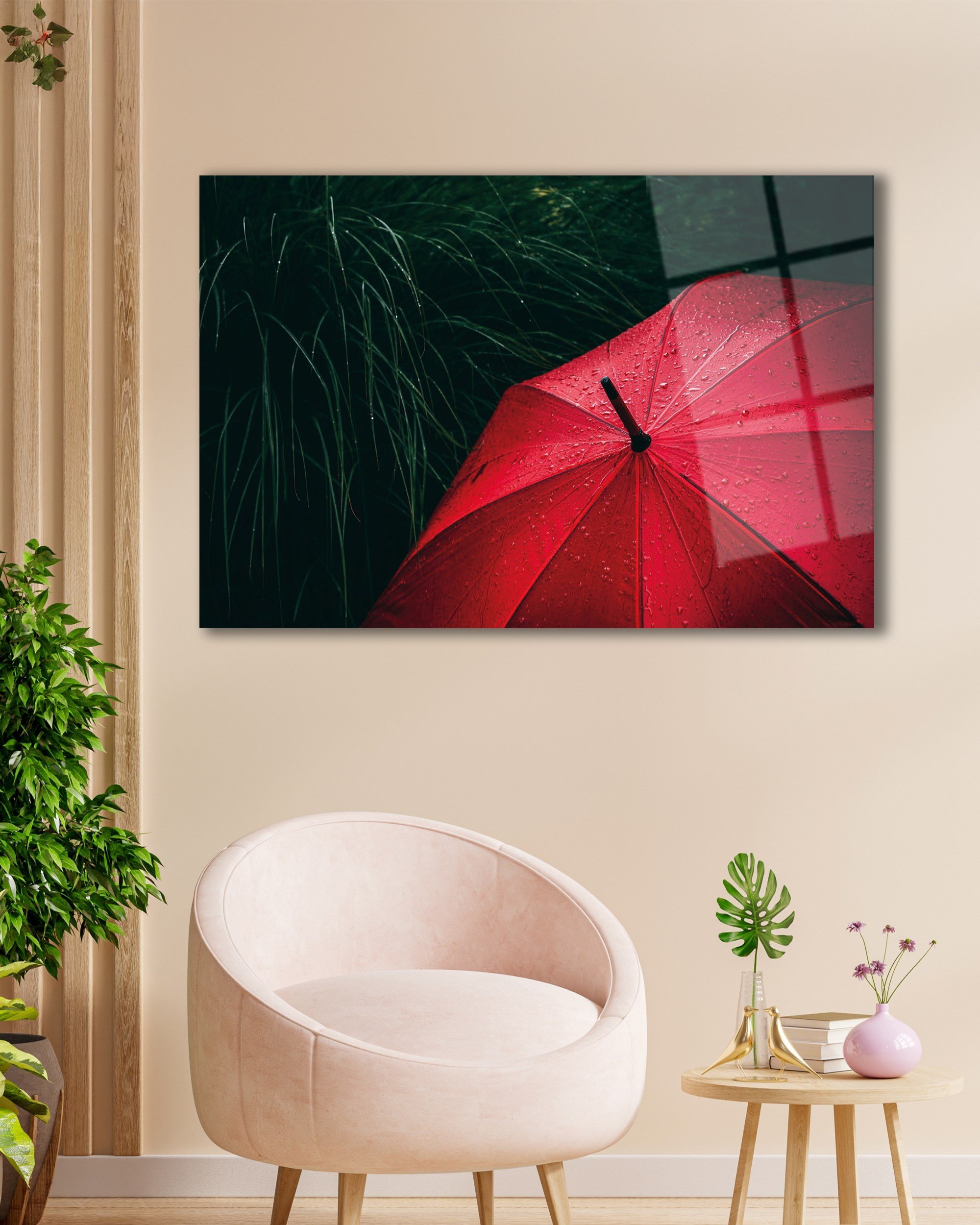 Kırmızı Şemsiye Cam Tablo | Yağmur Temalı Modern Temperli Cam Duvar Tablosu | 4 mm Dekoratif Cam Tablo