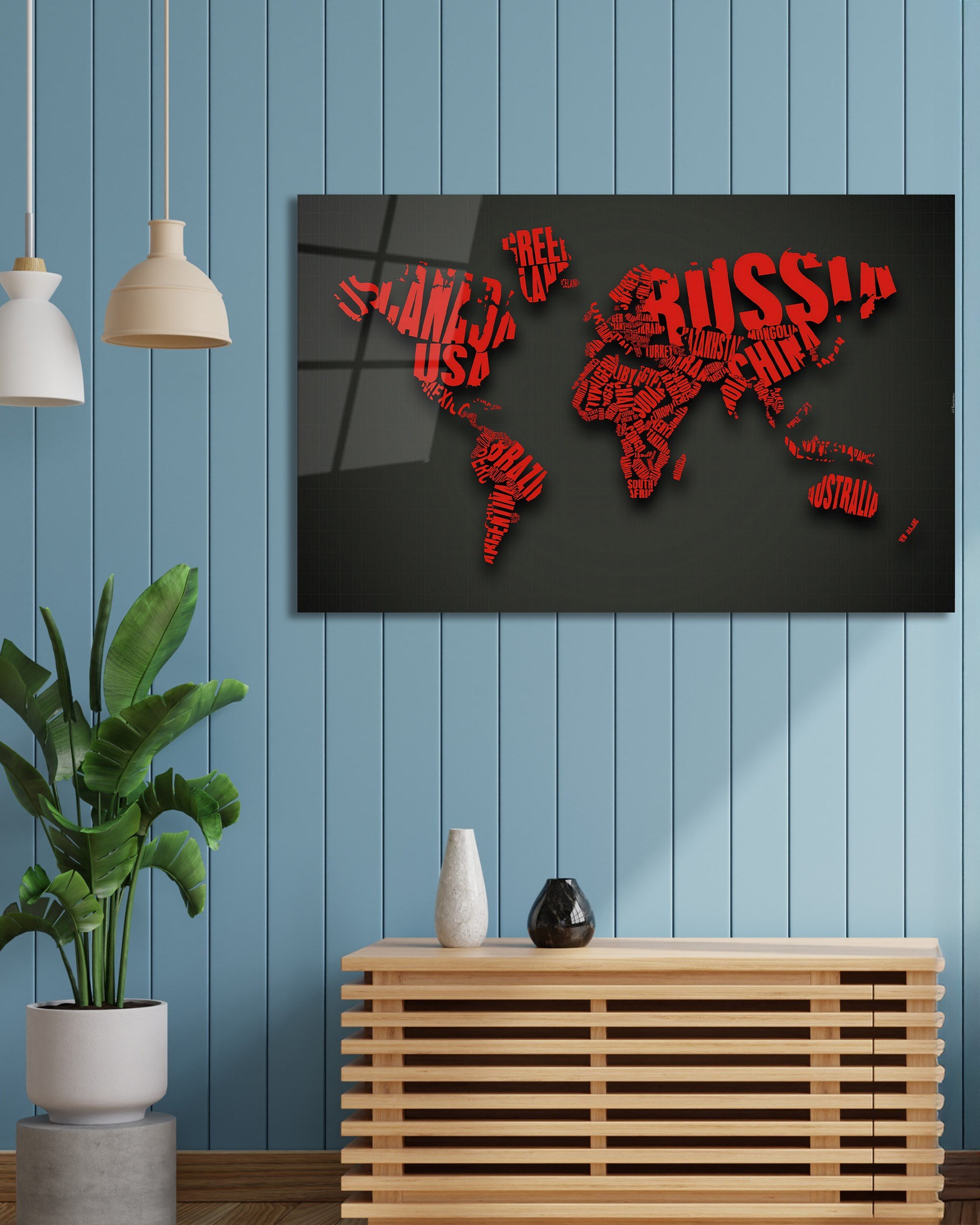 Kırmızı ve Antrasit Tipografik Dünya Haritası Temperli Cam Tablo