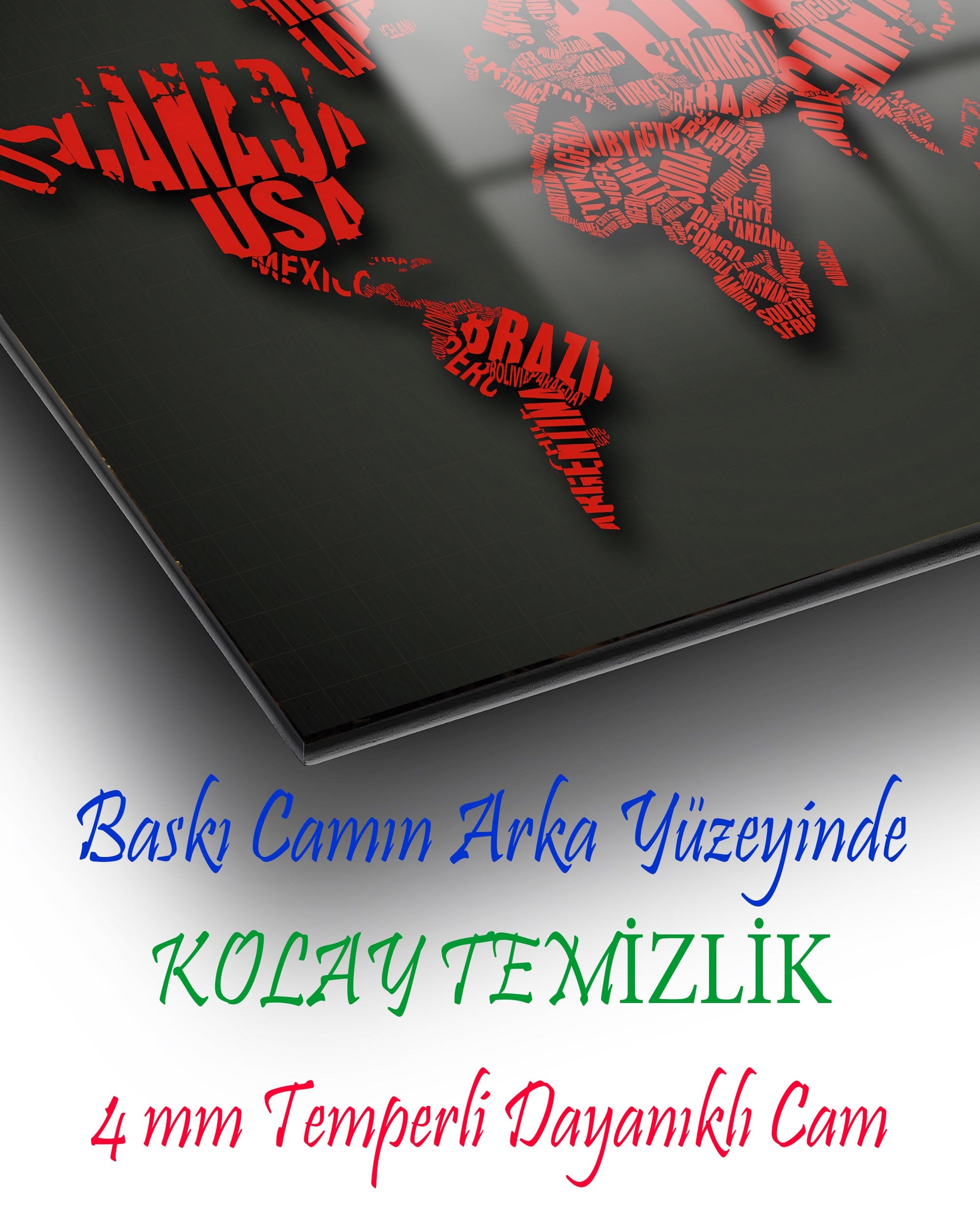 Kırmızı ve Antrasit Tipografik Dünya Haritası Temperli Cam Tablo