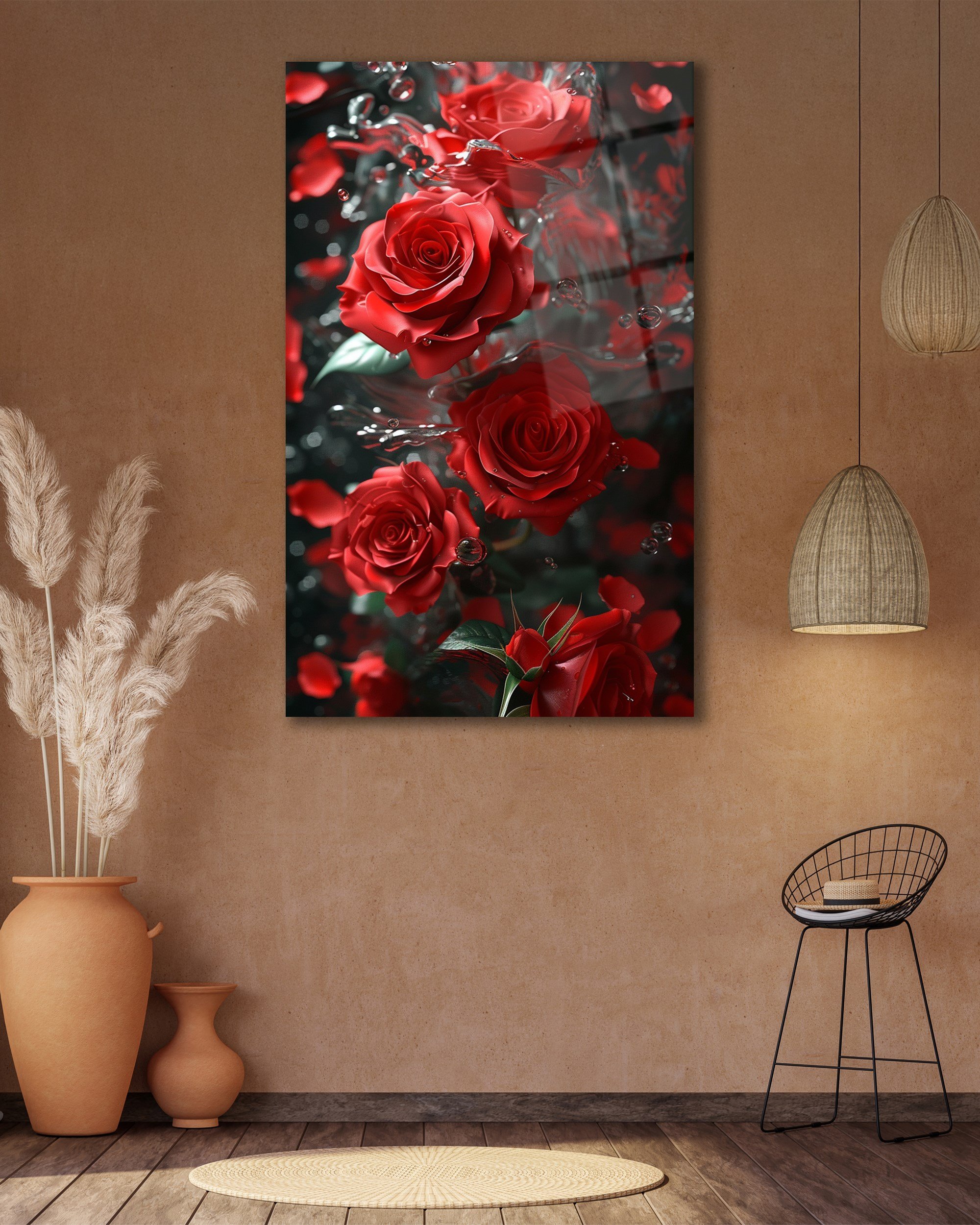 Kırmızı Yağmur Cam Tablo Hediyelik Büyük Tablo Ev Ofis Dekoru
