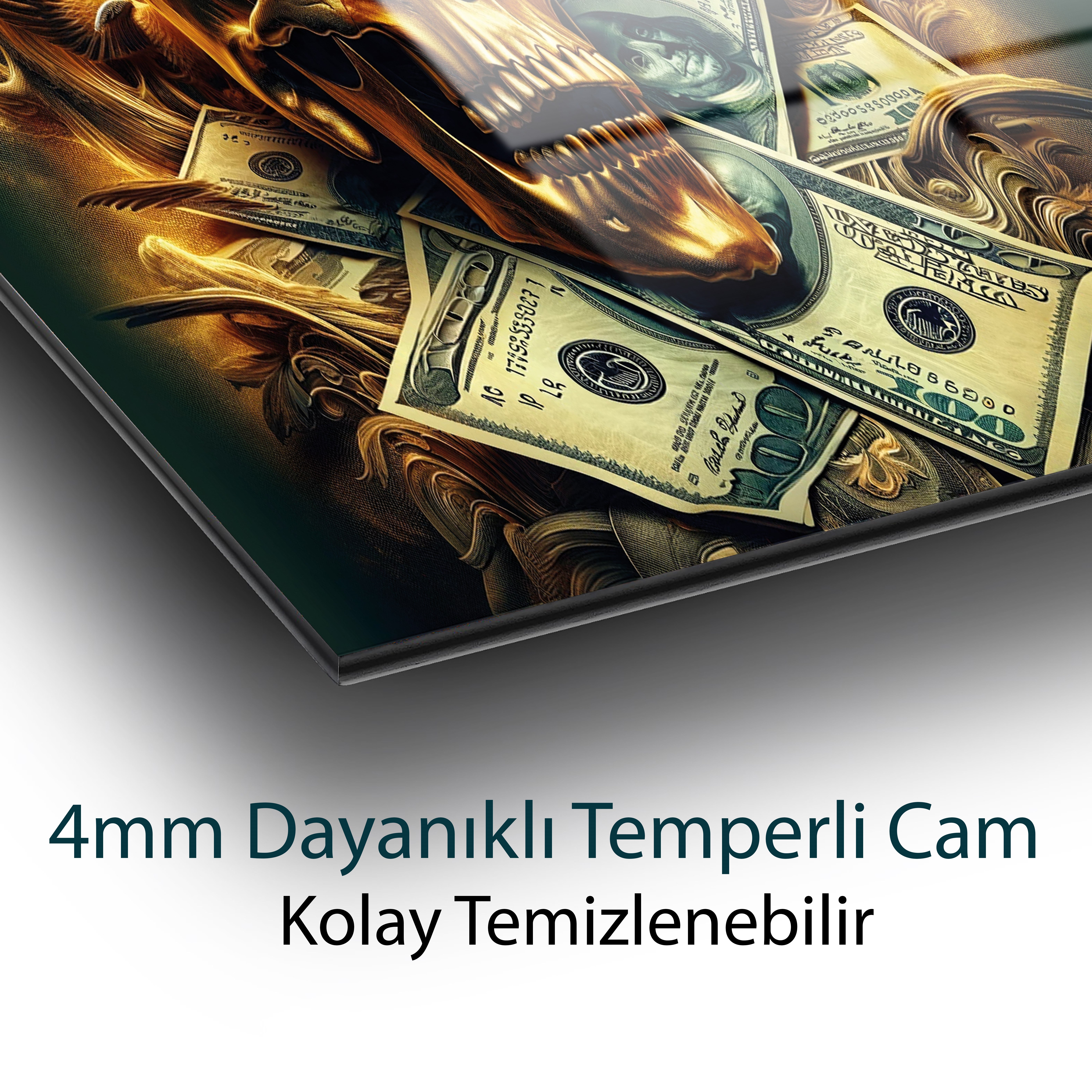 Kurukafa ve Dolar Cam Tablo | Para Temalı Modern Temperli Cam Duvar Tablosu | 4 mm Dekoratif Cam Tablo