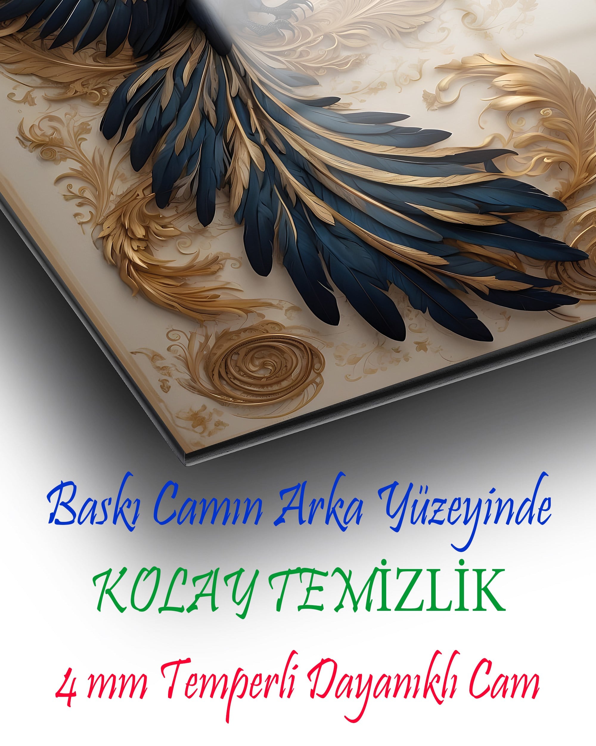 Lacivert Gold Anka Kuşu 3D Görünümlü Temperli Cam Tablo