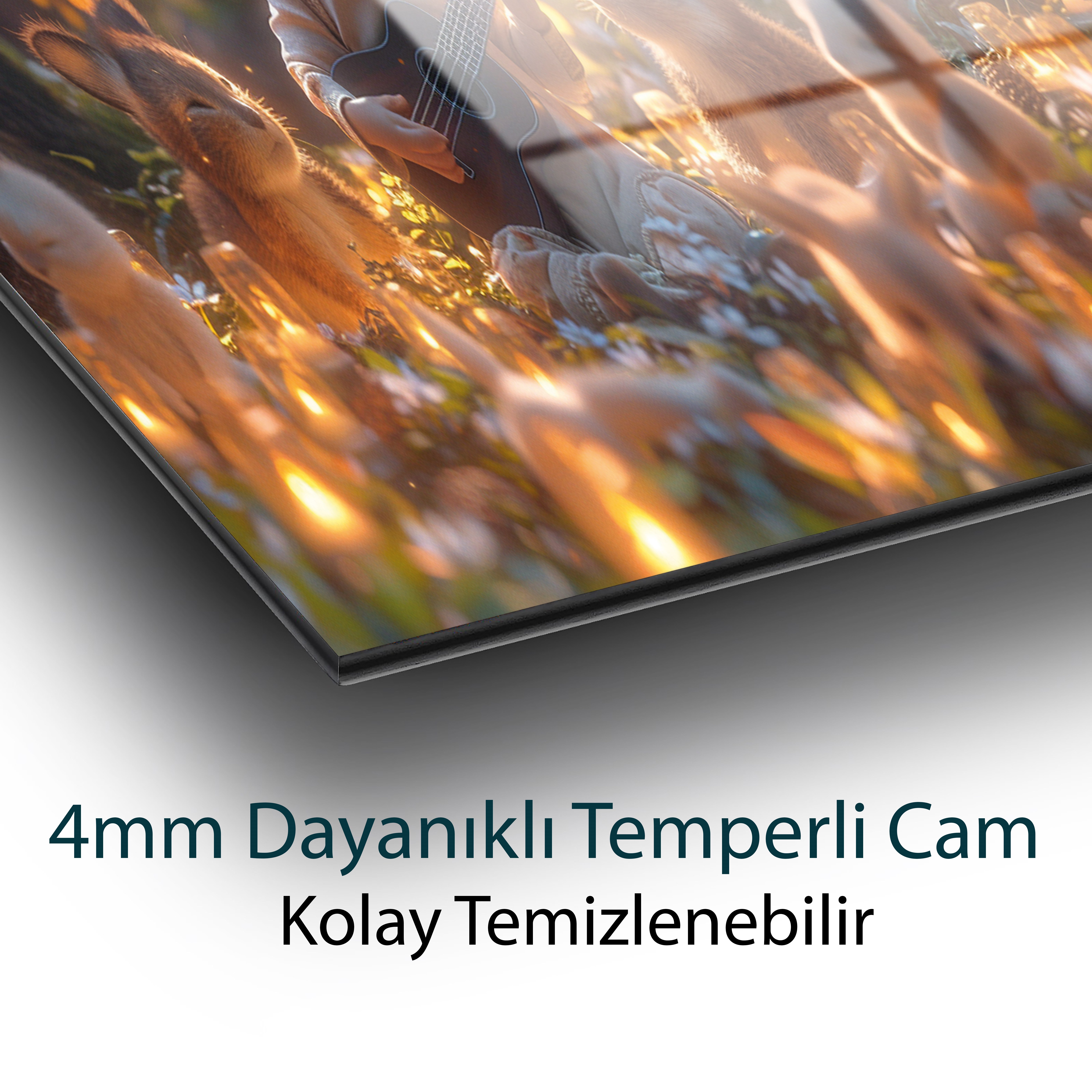 Masalsı Çocuk ve Tavşanlar Temperli Cam Tablo | Müzik Temalı Çocuk Odası Duvar Dekoru
