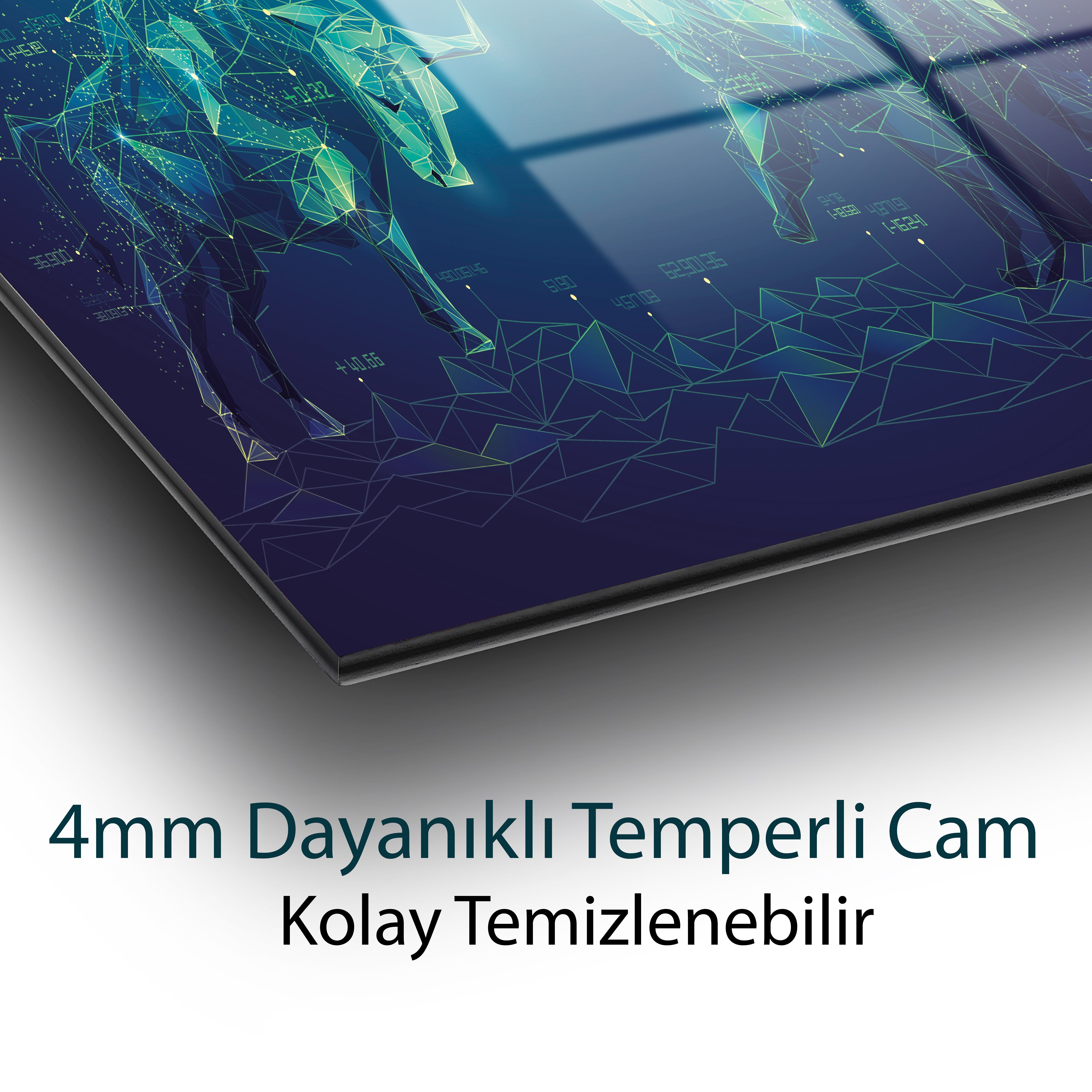 Mavi Boğa ve Kutup Ayısı Soyut Cam Tablo | Geometrik Dijital Sanat Temperli Cam Duvar Tablosu | 4 mm Dekoratif Cam Tablo