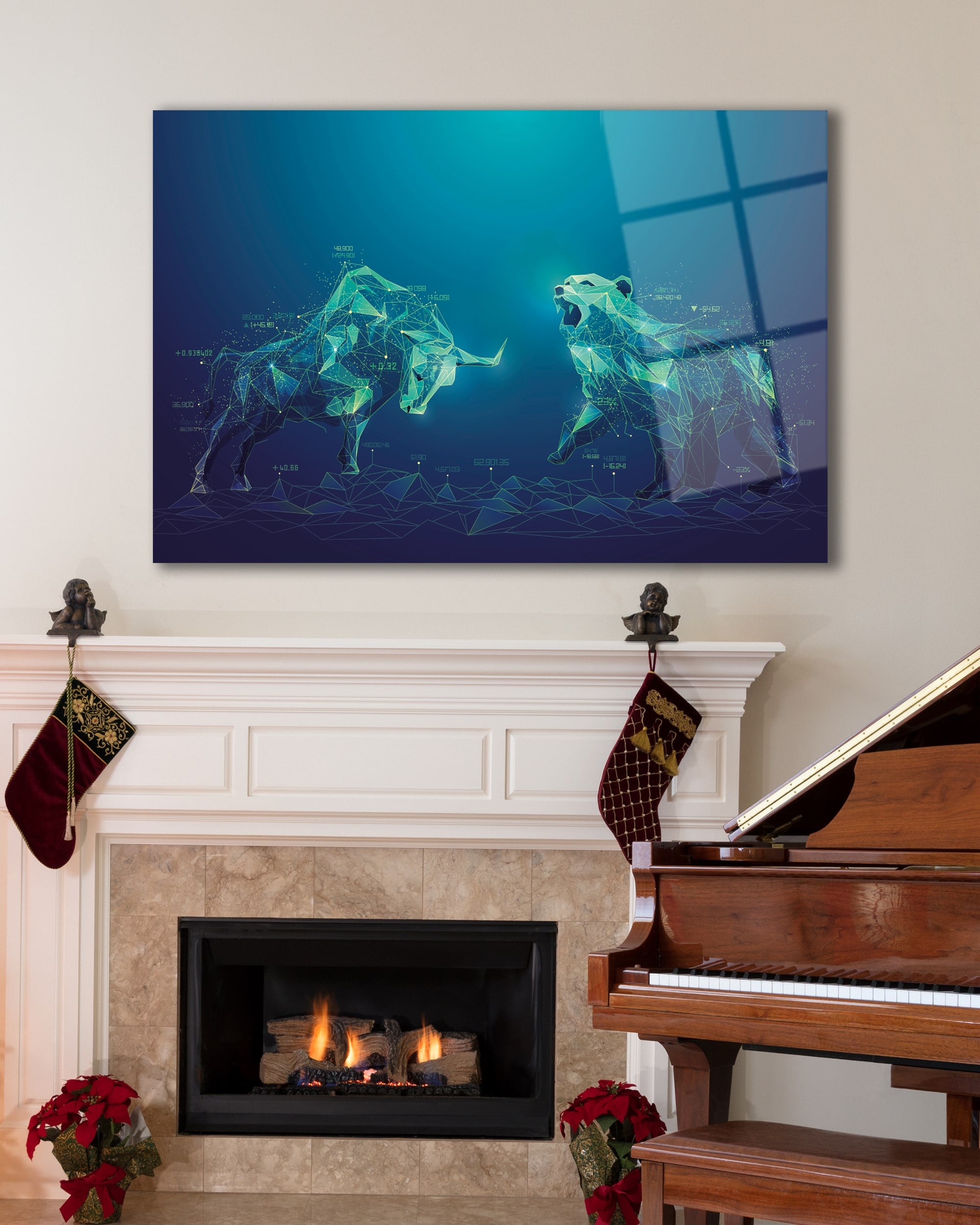 Mavi Boğa ve Kutup Ayısı Soyut Cam Tablo | Geometrik Dijital Sanat Temperli Cam Duvar Tablosu | 4 mm Dekoratif Cam Tablo