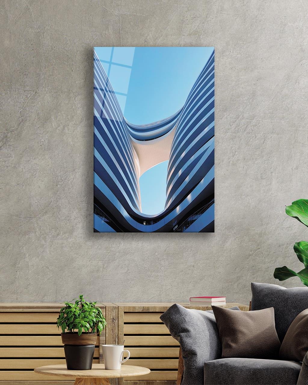 Mavi Geometrik Mimari Tablo 4mm Dayanıklı Temperli Cam Blue Geometric Architectural Glass Painting