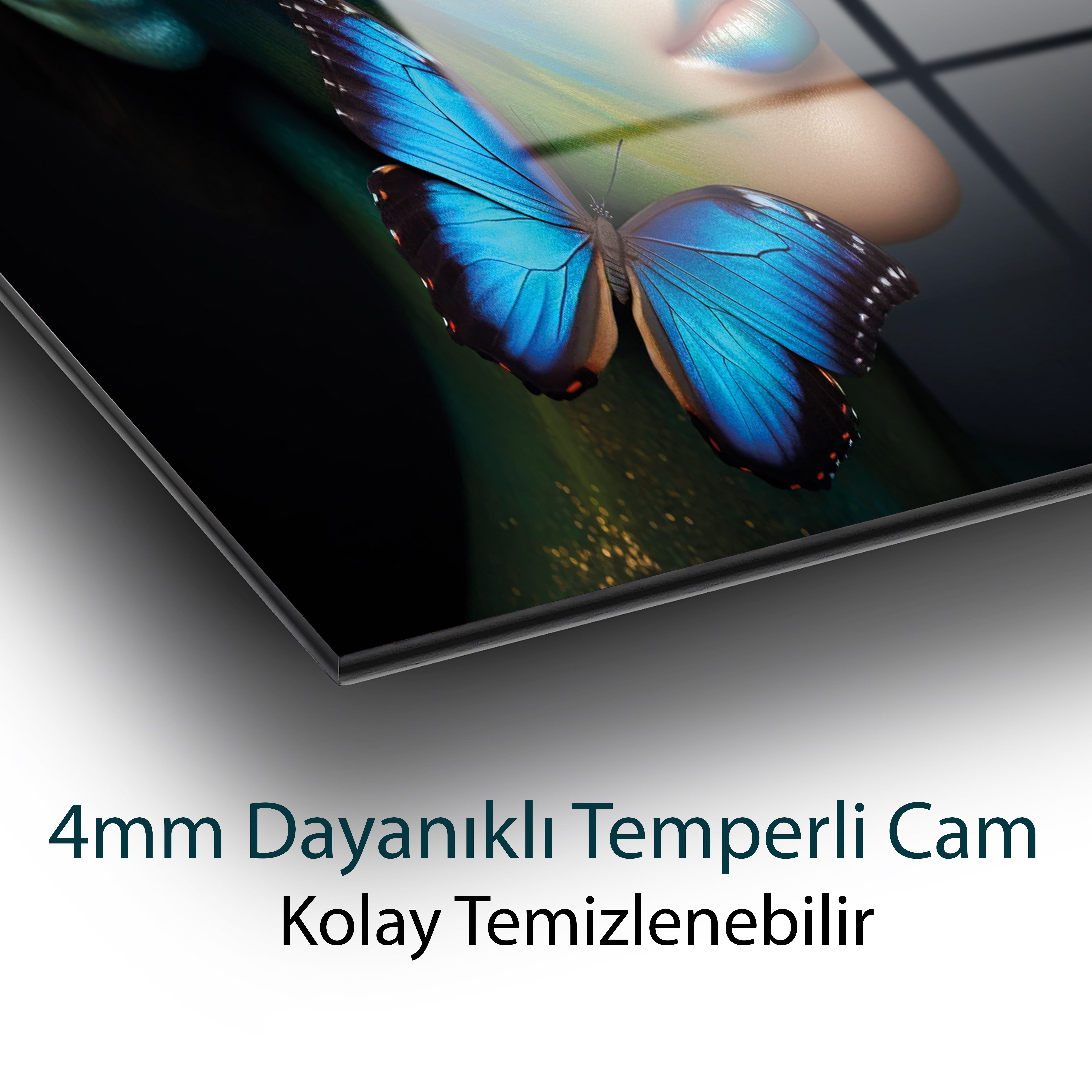 Mavi Kelebek Kadın Cam Tablo | Fantastik Güzellik ve Doğa Temalı Temperli Cam Duvar Tablosu | 4 mm Dekoratif Cam Tablo