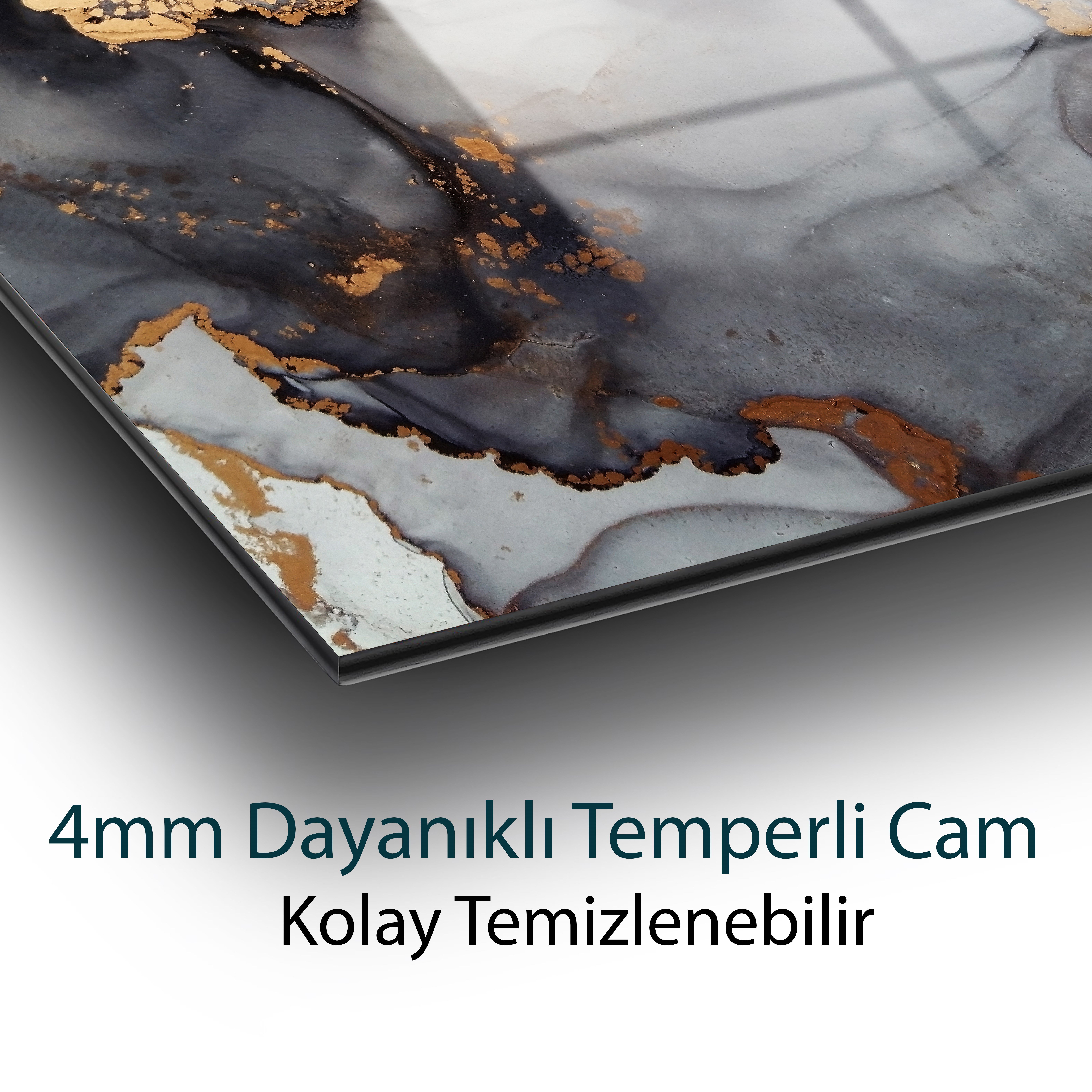 Mermer Renkli Soyut Tablo[GRİ,ALTIN SARISI] Tablo 4mm Dayanıklı Temperli Cam
