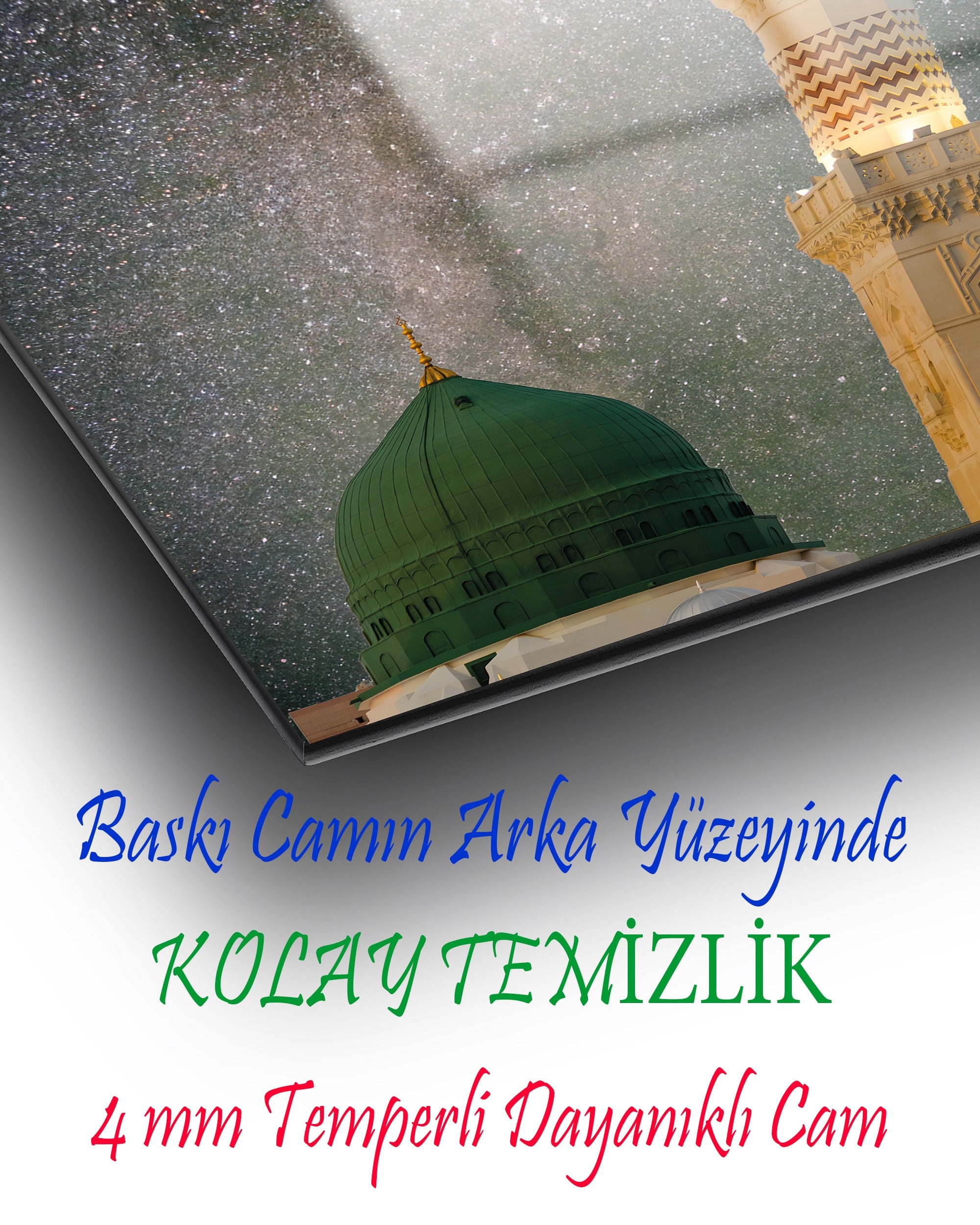 Mescid-i Nebevi Cam Tablo Dekoratif | Medine Yeşil Kubbe ve Dolunay Temperli Cam Duvar Tablosu