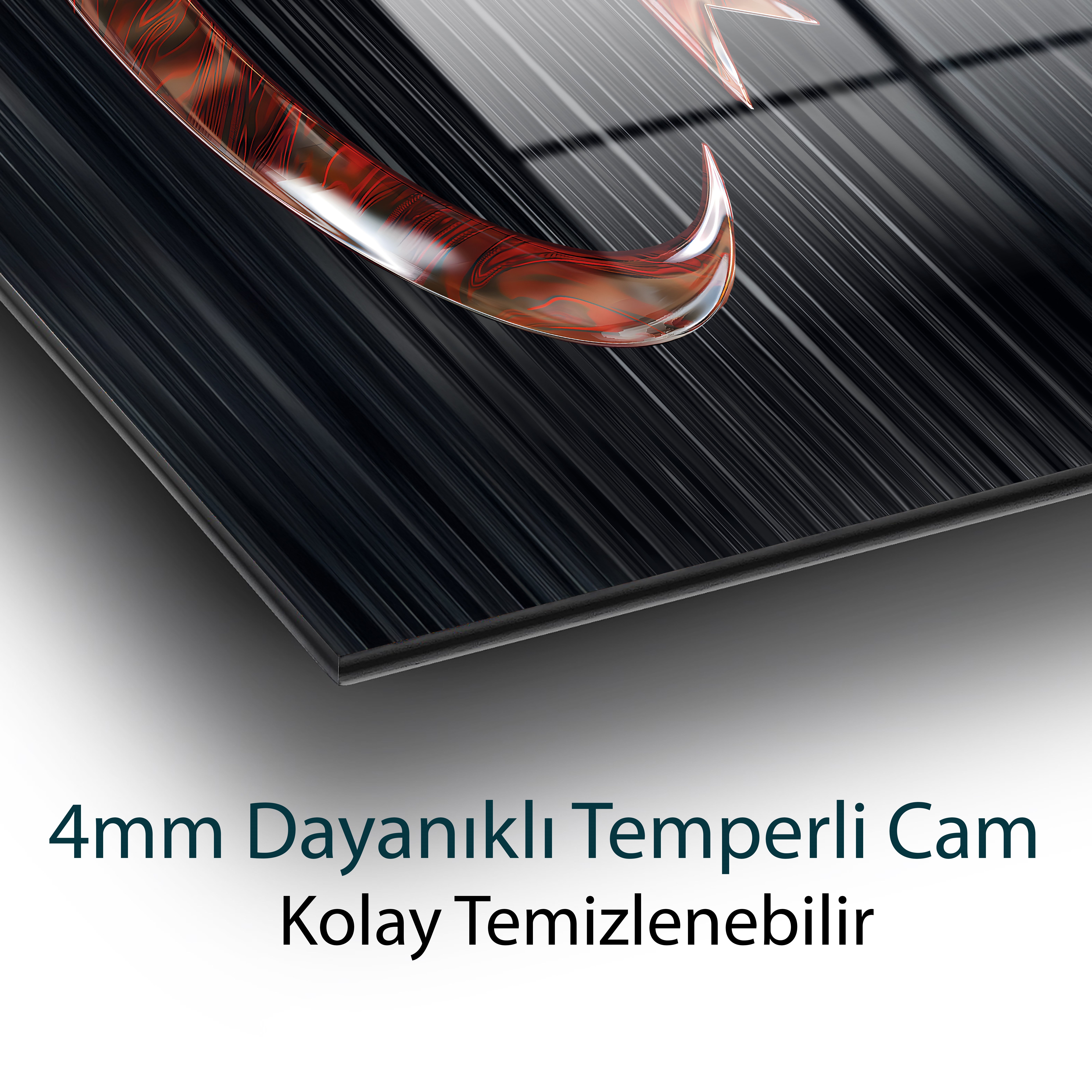 Modern Ay Yıldız Cam Tablo | Türk Bayrağı Sembolü Temperli Cam Duvar Tablosu | 4 mm Dekoratif Cam Tablo