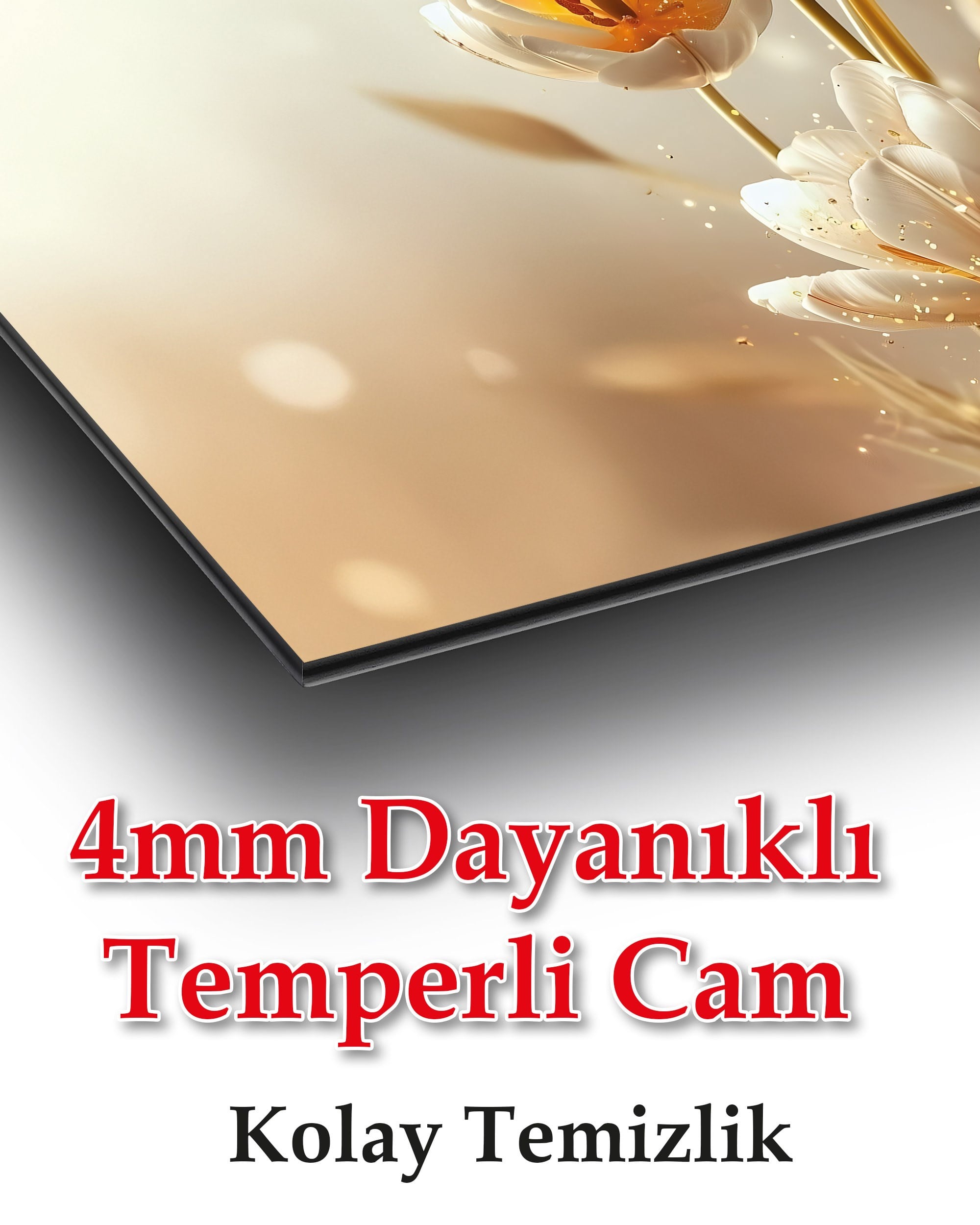 Modern Işıltılı Beyaz Laleler Cam Tablo - Altın Detaylı Salon ve Yatak Odası Duvar Dekorasyonu