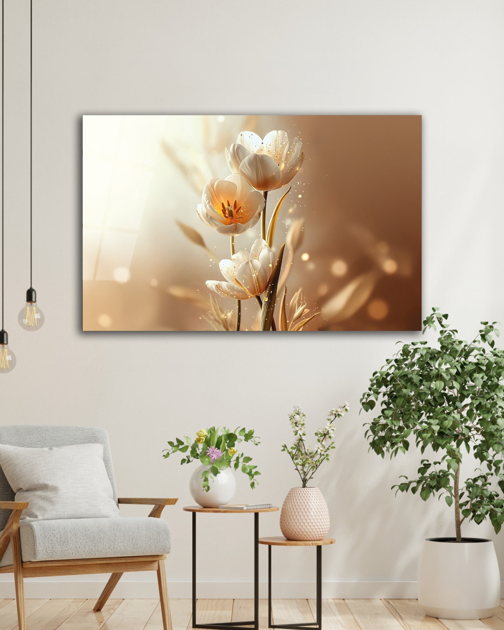 Modern Işıltılı Beyaz Laleler Cam Tablo - Altın Detaylı Salon ve Yatak Odası Duvar Dekorasyonu