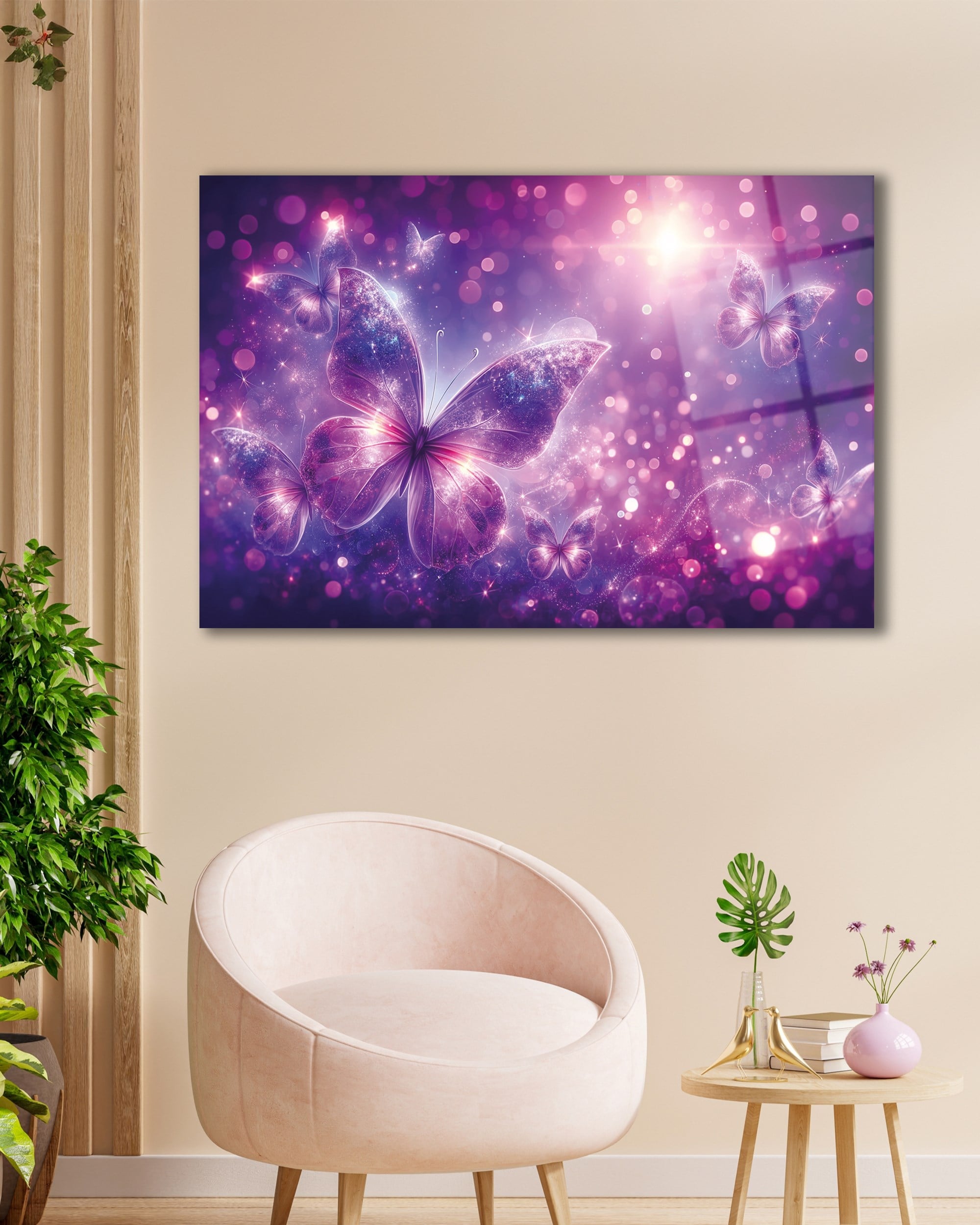 Mor Kelebek Cam Tablo | Fantastik Işıltılı Kelebek Temperli Cam Duvar Tablosu | 4 mm Dekoratif Cam Tablo
