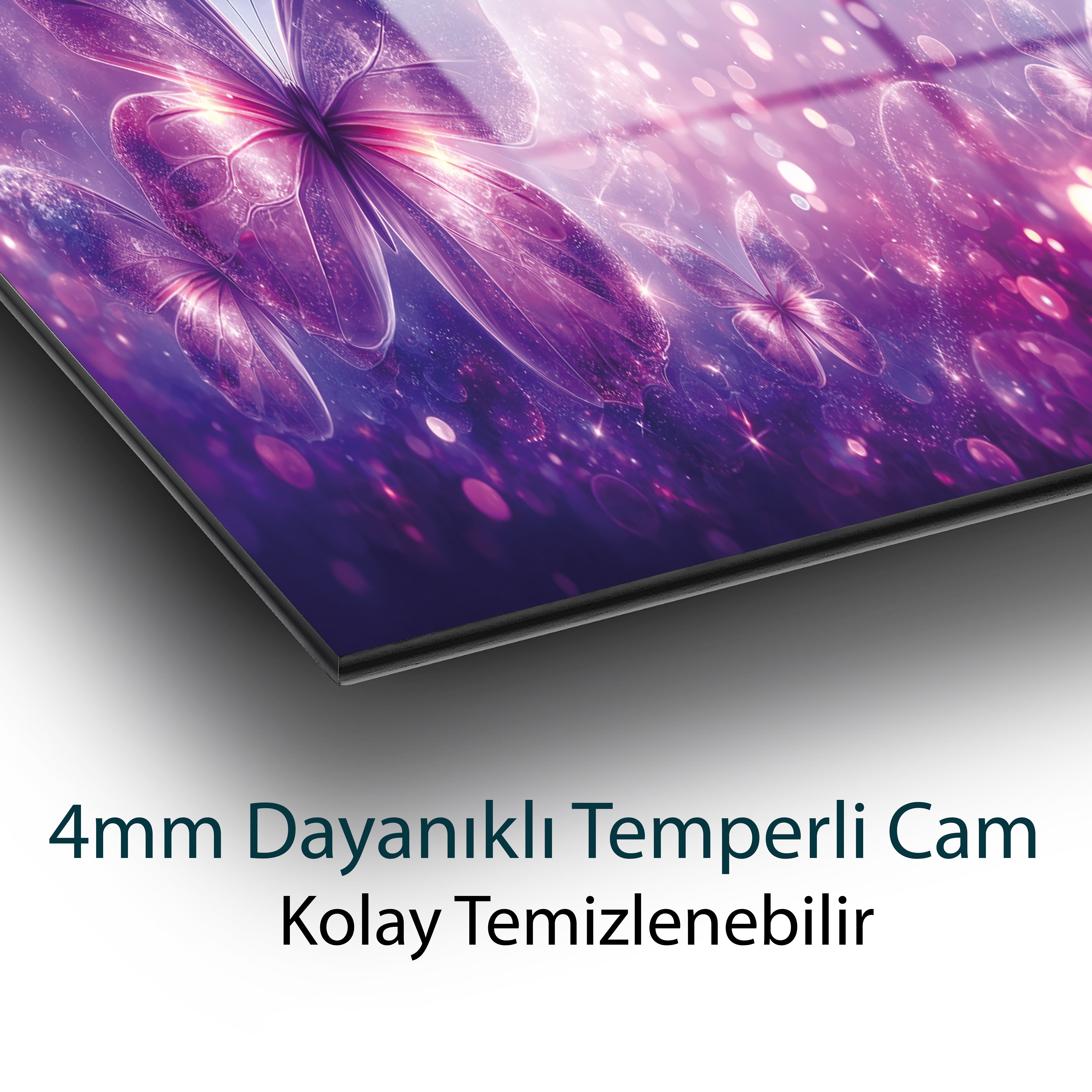 Mor Kelebek Cam Tablo | Fantastik Işıltılı Kelebek Temperli Cam Duvar Tablosu | 4 mm Dekoratif Cam Tablo