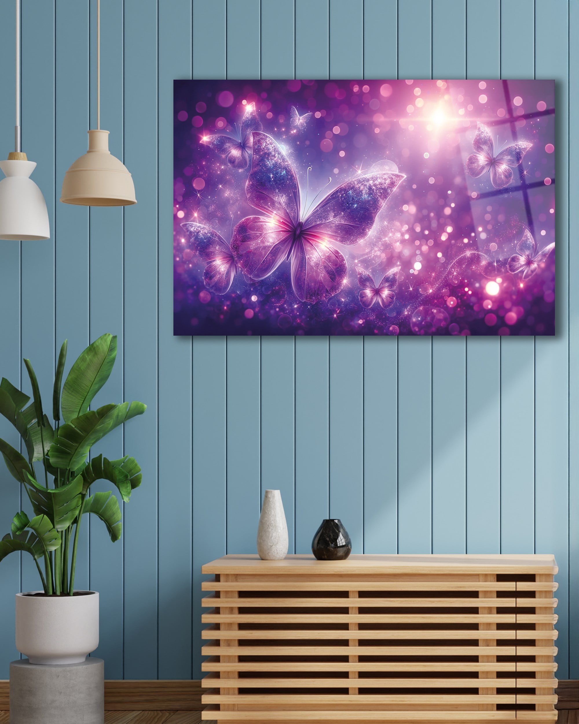 Mor Kelebek Cam Tablo | Fantastik Işıltılı Kelebek Temperli Cam Duvar Tablosu | 4 mm Dekoratif Cam Tablo