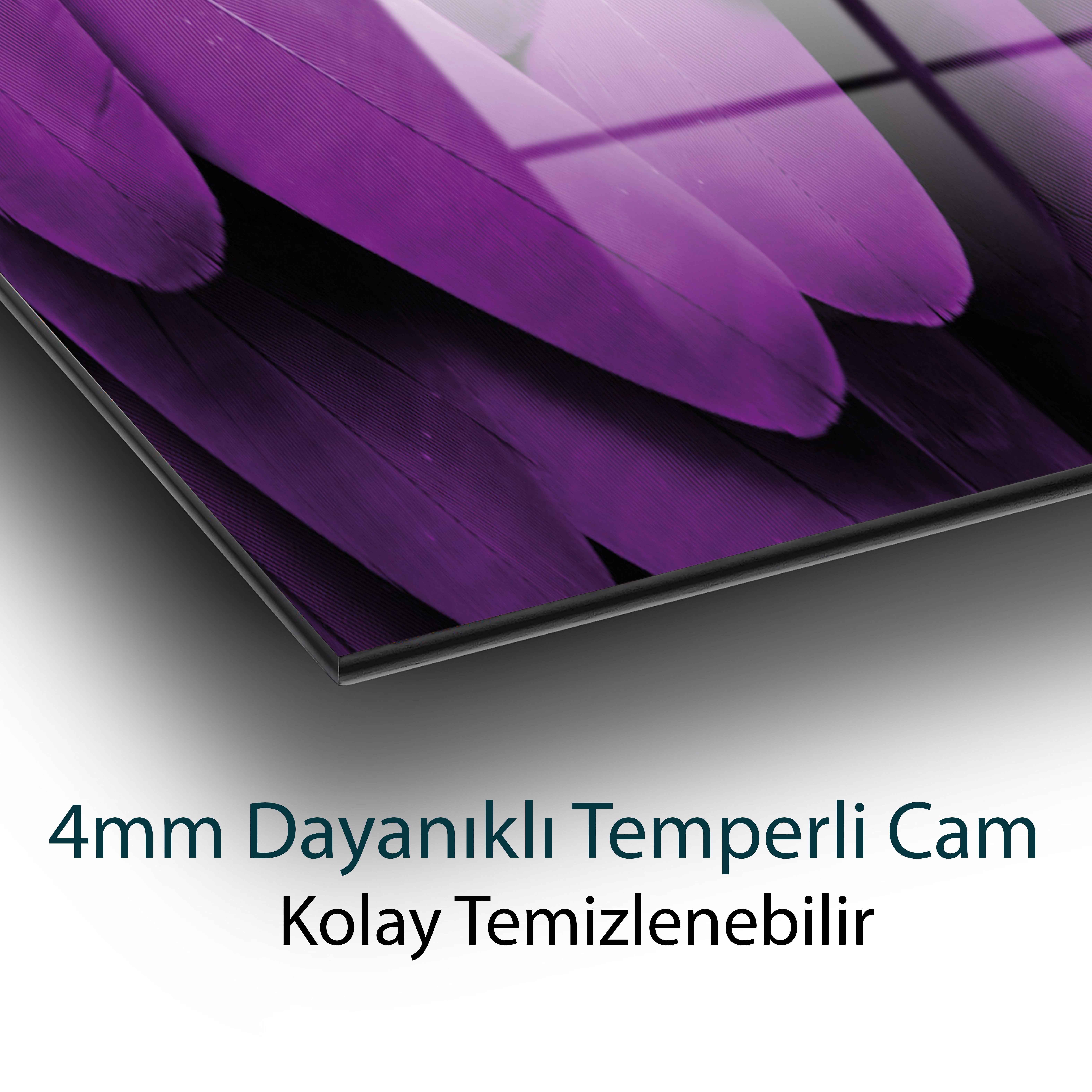 Mor Tüy Cam Tablo | Modern Soyut Dokulu Temperli Cam Duvar Tablosu | 4 mm Dekoratif Cam Tablo