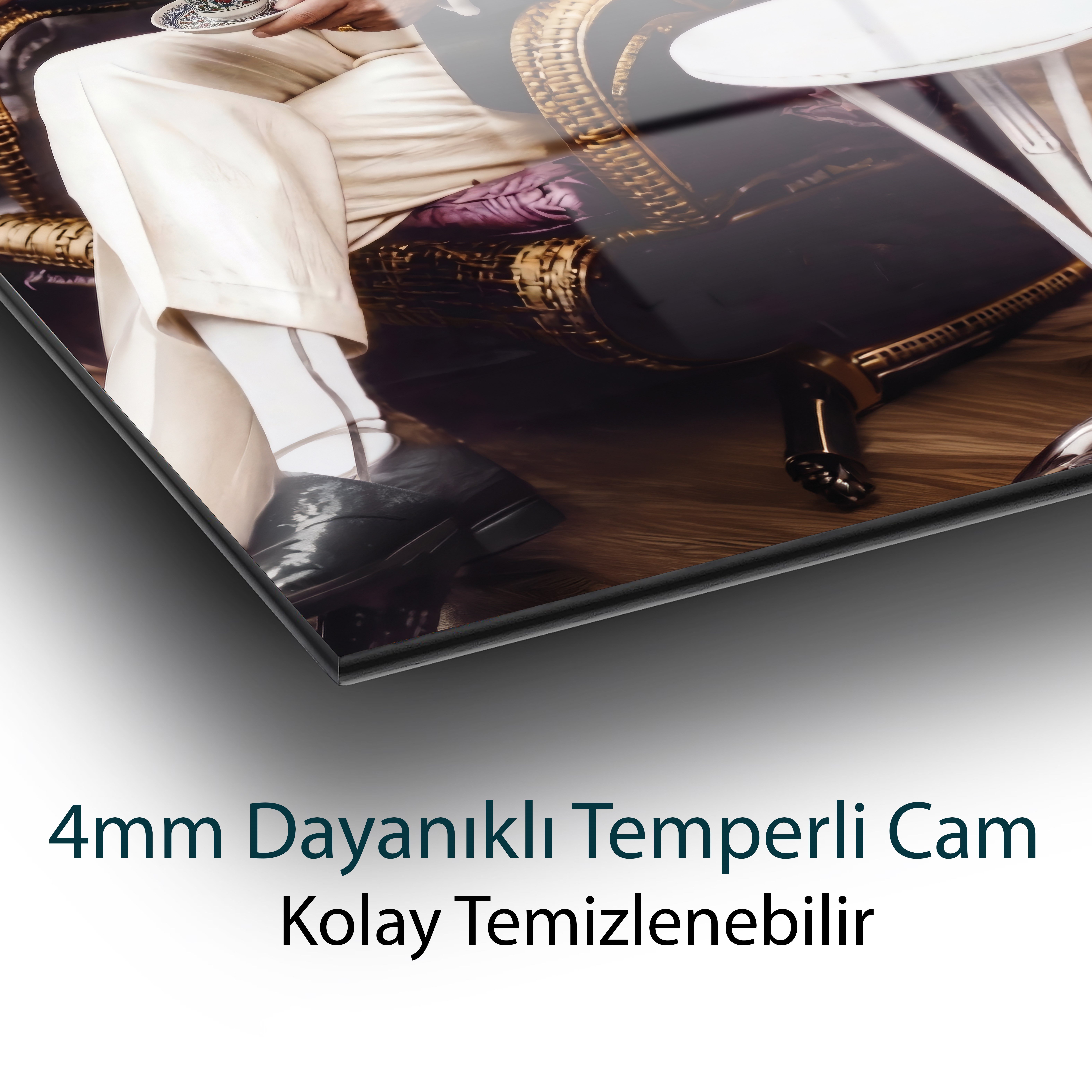 Mustafa Kemal Atatürk Cam Tablo | Kahve Keyfi Atatürk Portresi | 4 mm Temperli Cam Duvar Tablosu | Premium Dekor