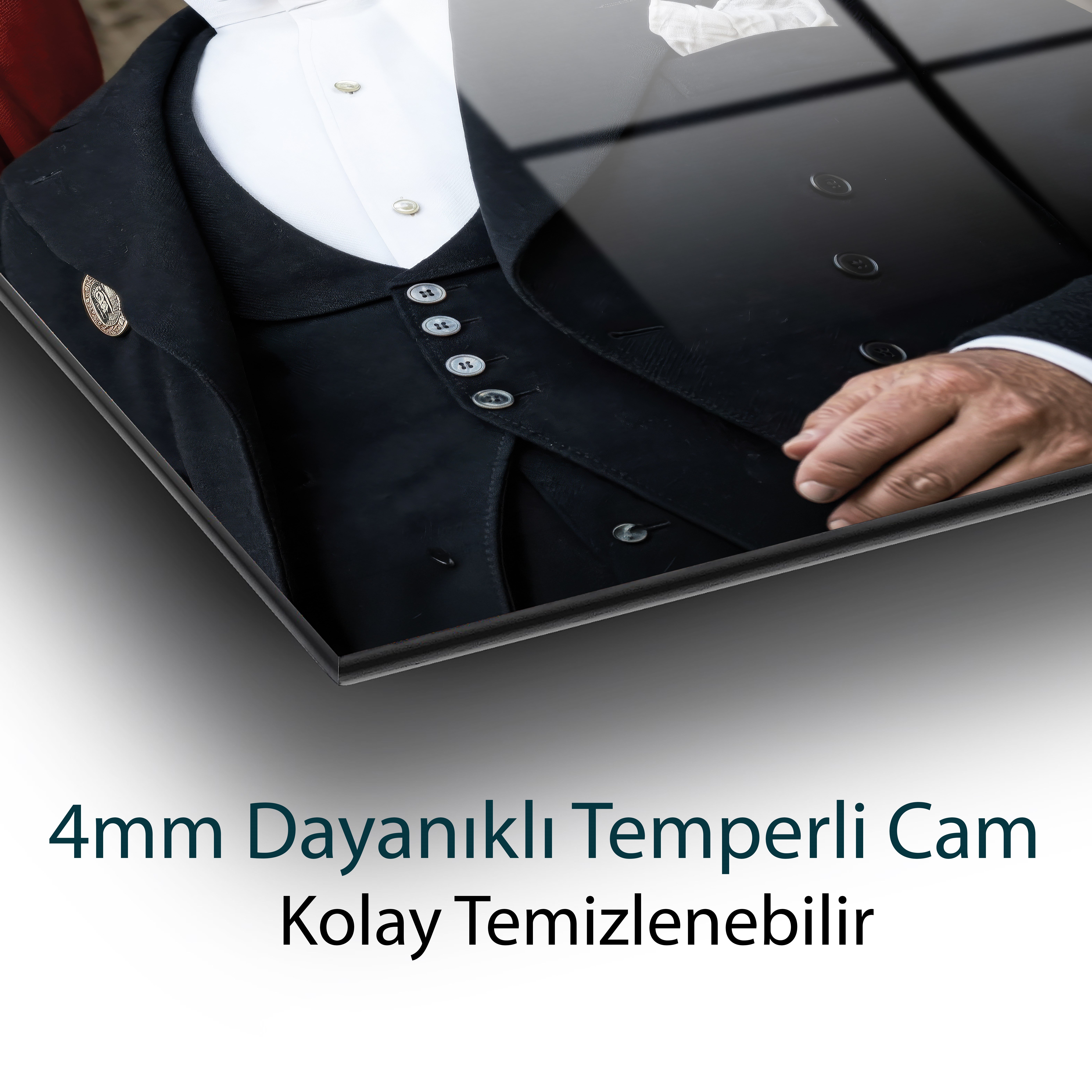 Mustafa Kemal Atatürk Cam Tablo | Resmî Atatürk Portresi | Premium 4 mm Temperli Cam Duvar Tablosu