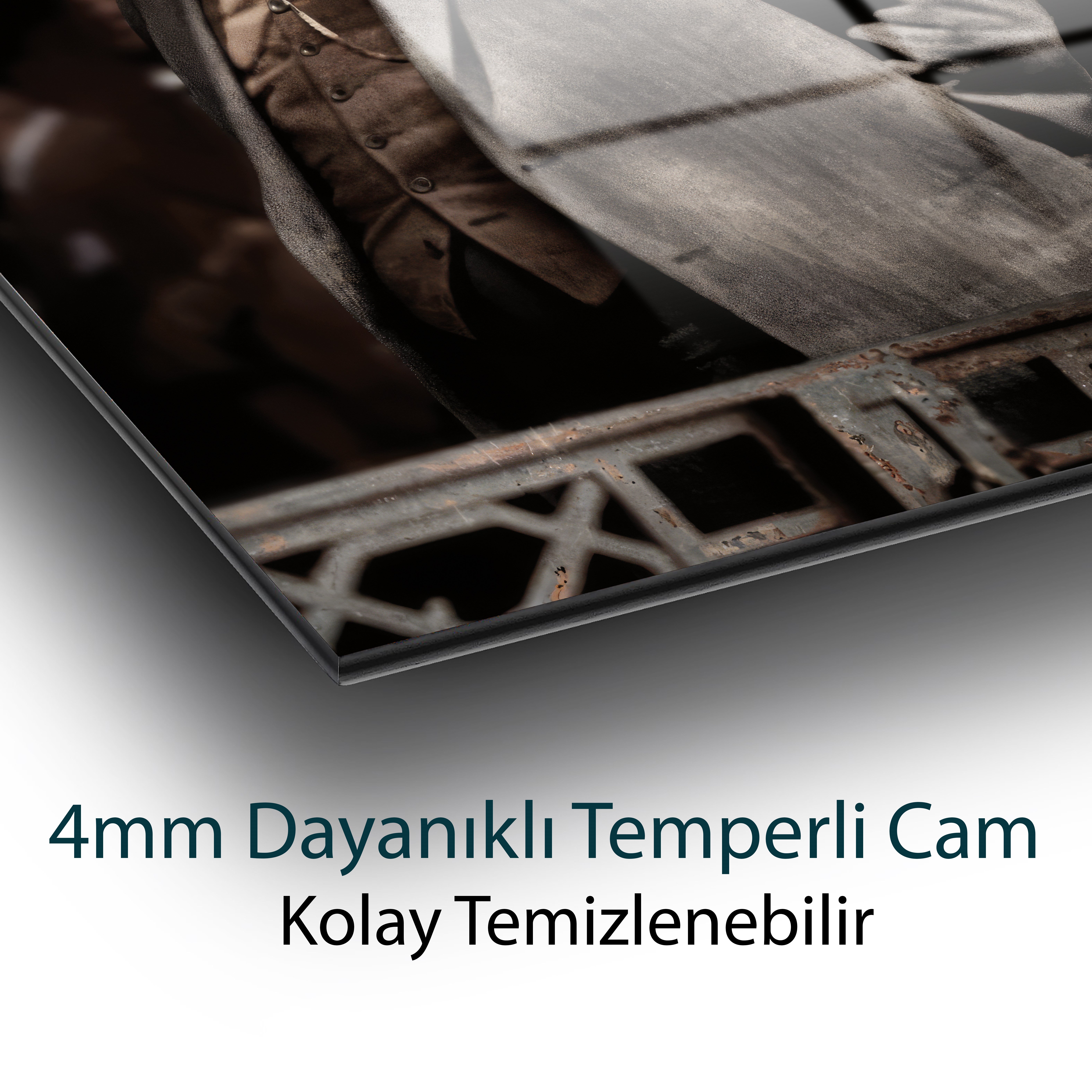 Mustafa Kemal Atatürk Cam Tablo | Şık Atatürk Portresi | 4 mm Temperli Cam Duvar Tablosu | Premium Dekor