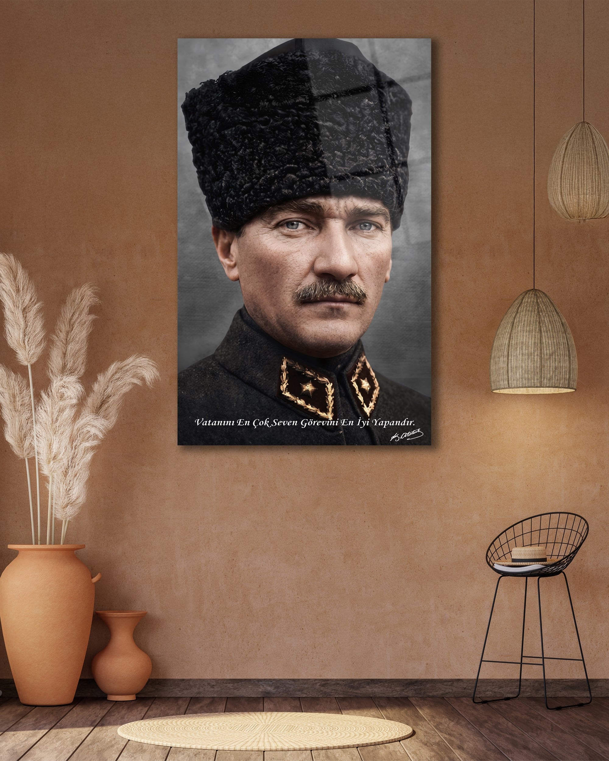Mustafa Kemal Atatürk Cam Tablo | Vatanını En Çok Seven Görevini En İyi Yapandır | Premium Temperli Cam Tablo