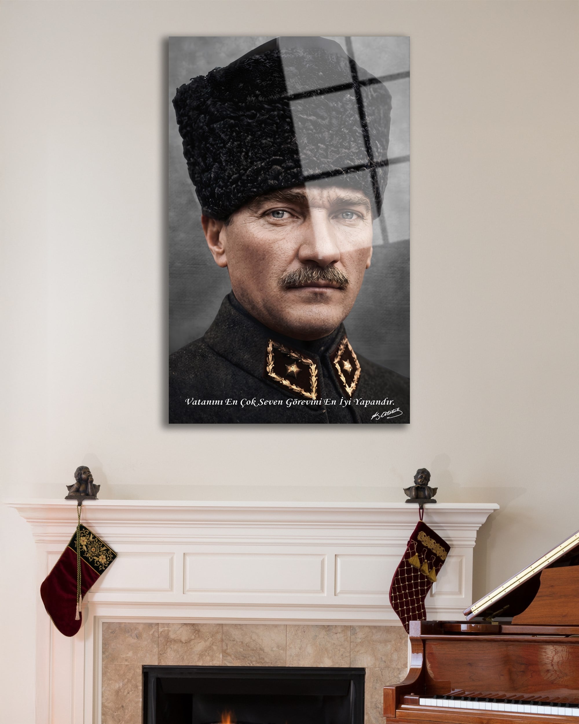 Mustafa Kemal Atatürk Cam Tablo | Vatanını En Çok Seven Görevini En İyi Yapandır | Premium Temperli Cam Tablo
