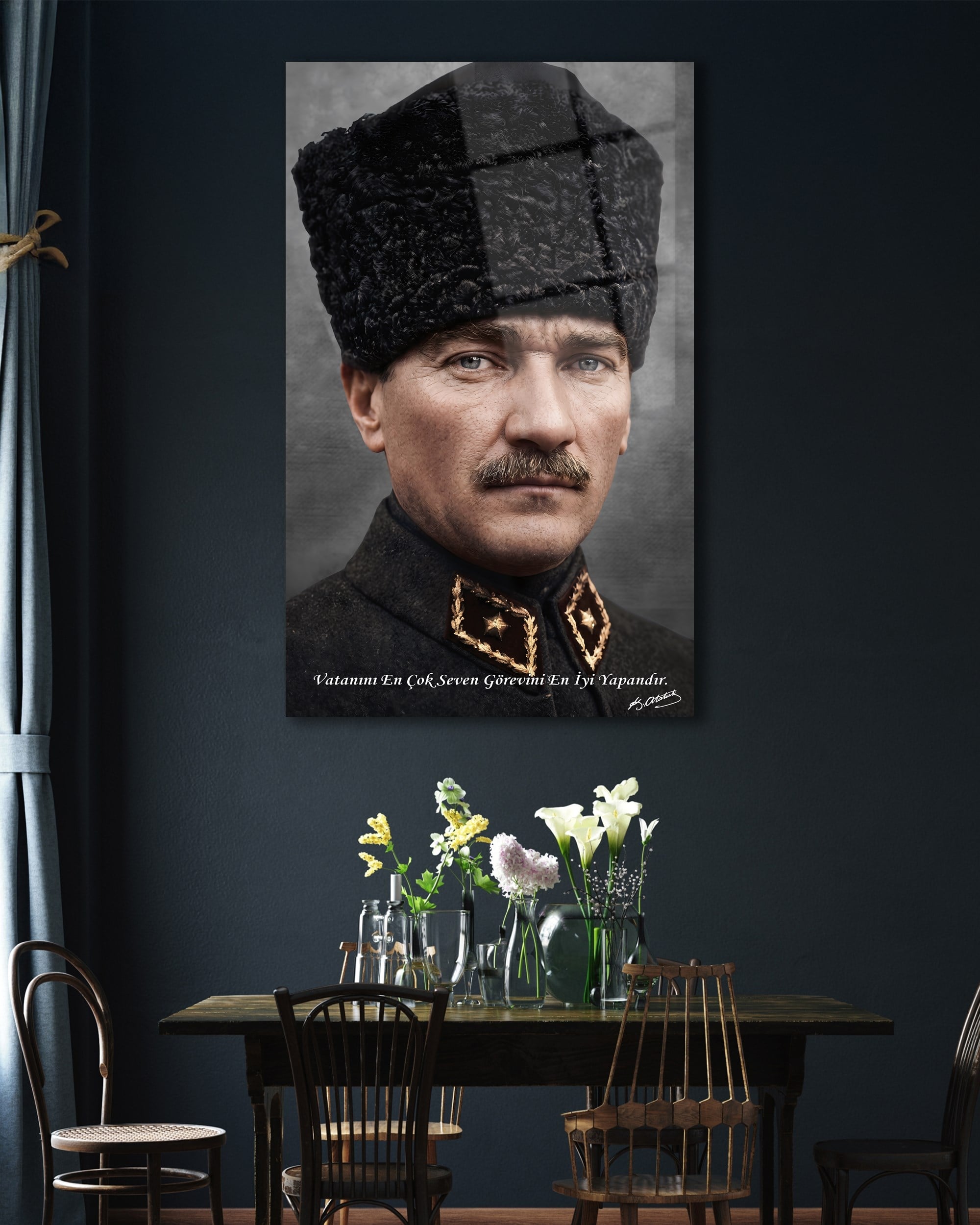Mustafa Kemal Atatürk Cam Tablo | Vatanını En Çok Seven Görevini En İyi Yapandır | Premium Temperli Cam Tablo
