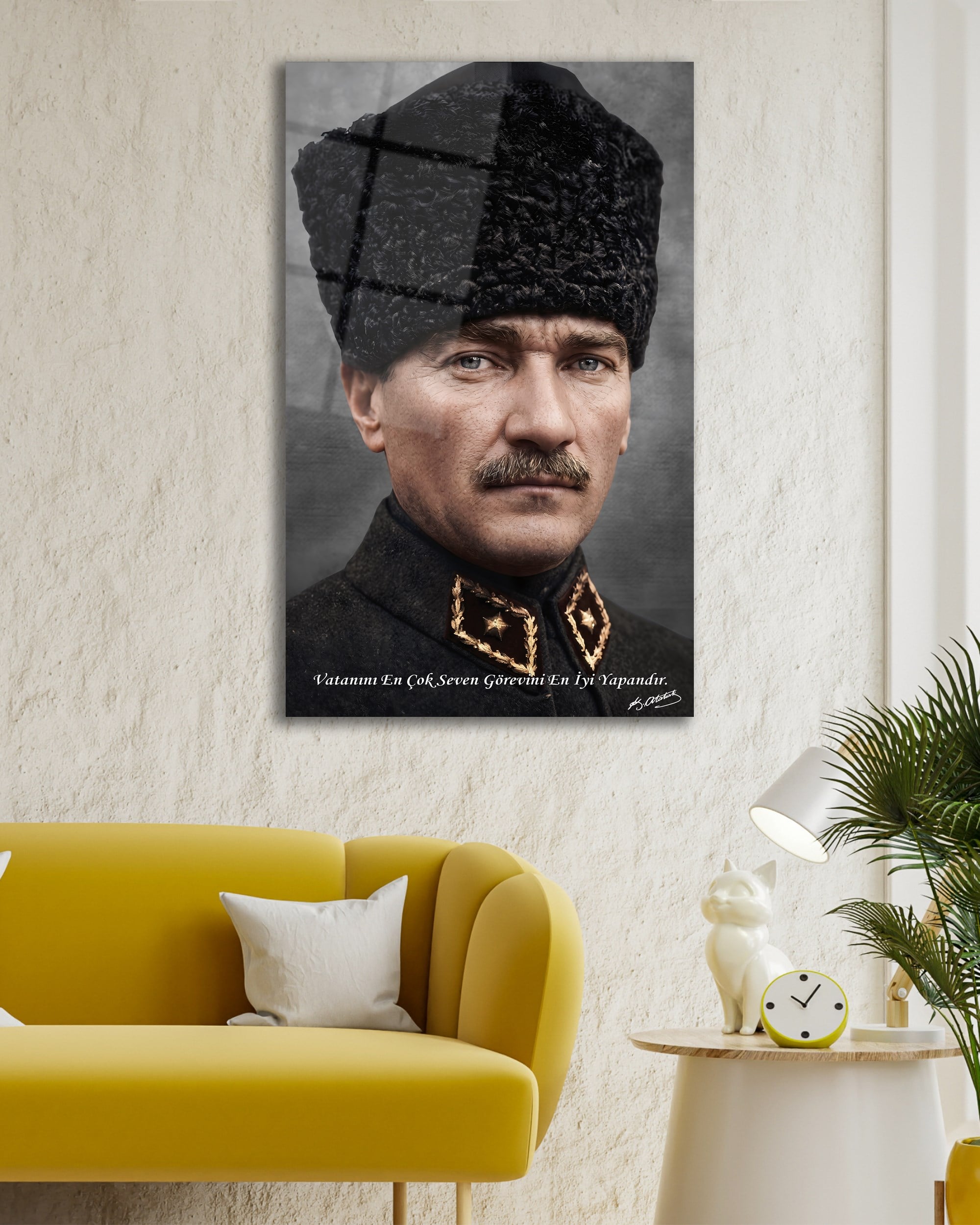 Mustafa Kemal Atatürk Cam Tablo | Vatanını En Çok Seven Görevini En İyi Yapandır | Premium Temperli Cam Tablo