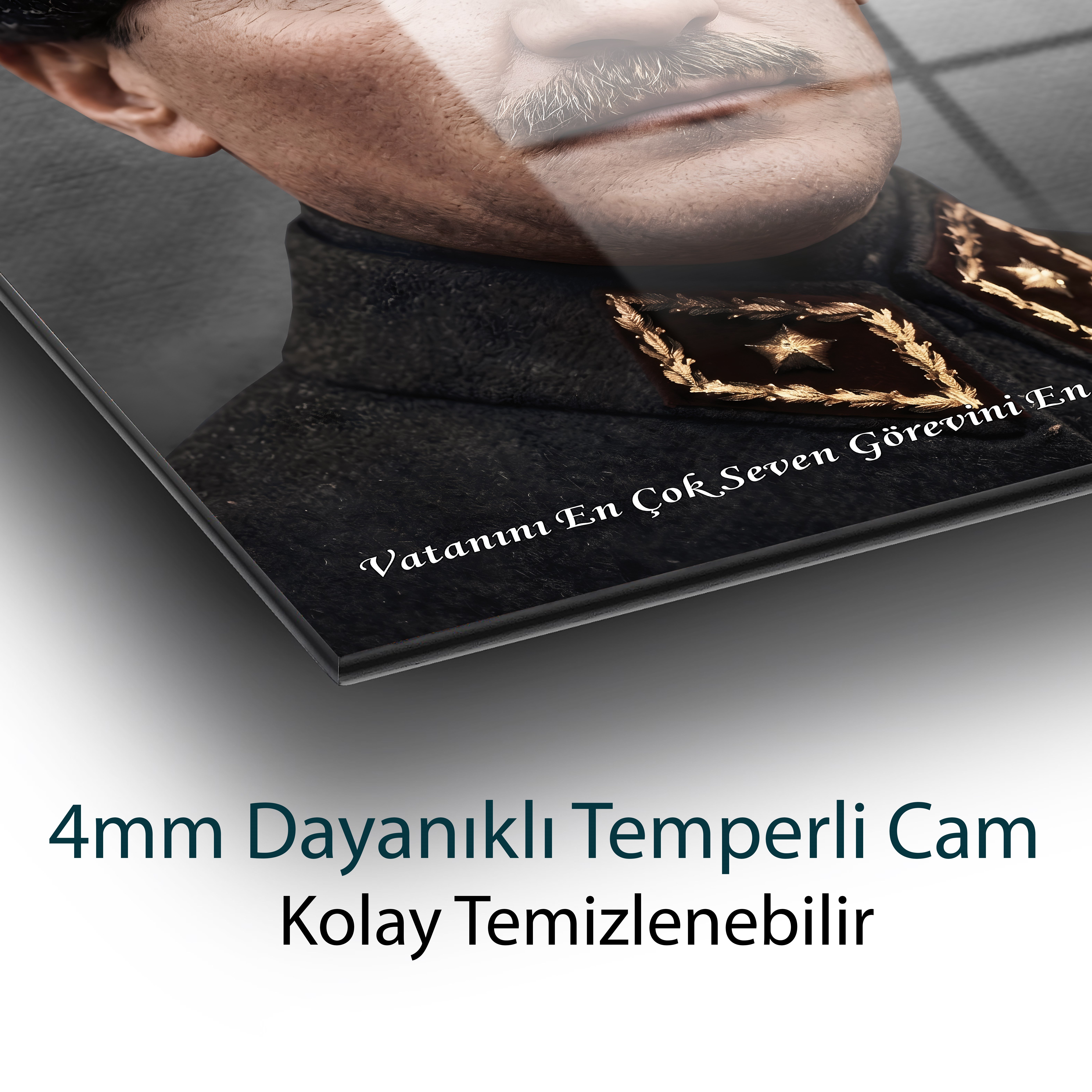 Mustafa Kemal Atatürk Cam Tablo | Vatanını En Çok Seven Görevini En İyi Yapandır | Premium Temperli Cam Tablo