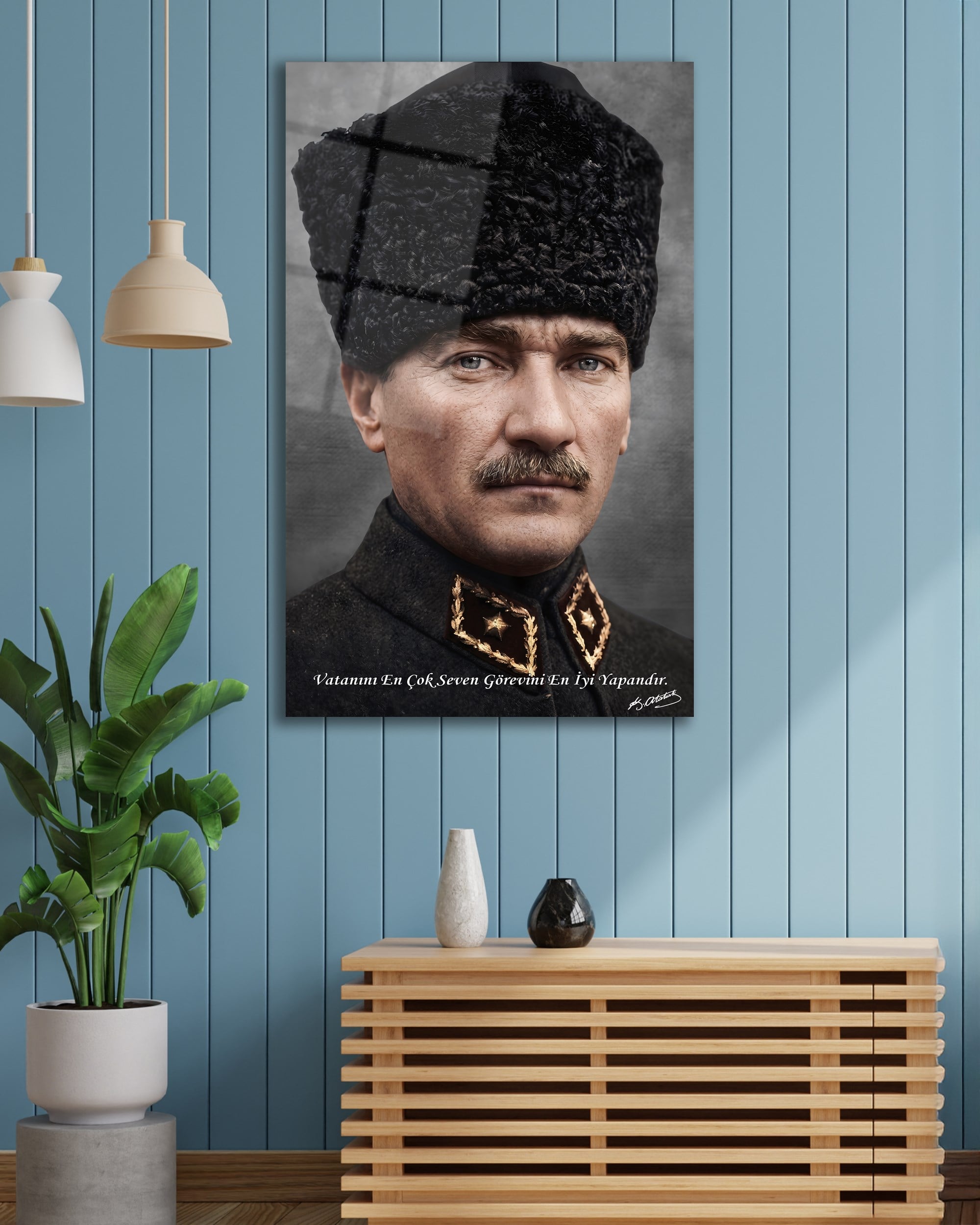 Mustafa Kemal Atatürk Cam Tablo | Vatanını En Çok Seven Görevini En İyi Yapandır | Premium Temperli Cam Tablo