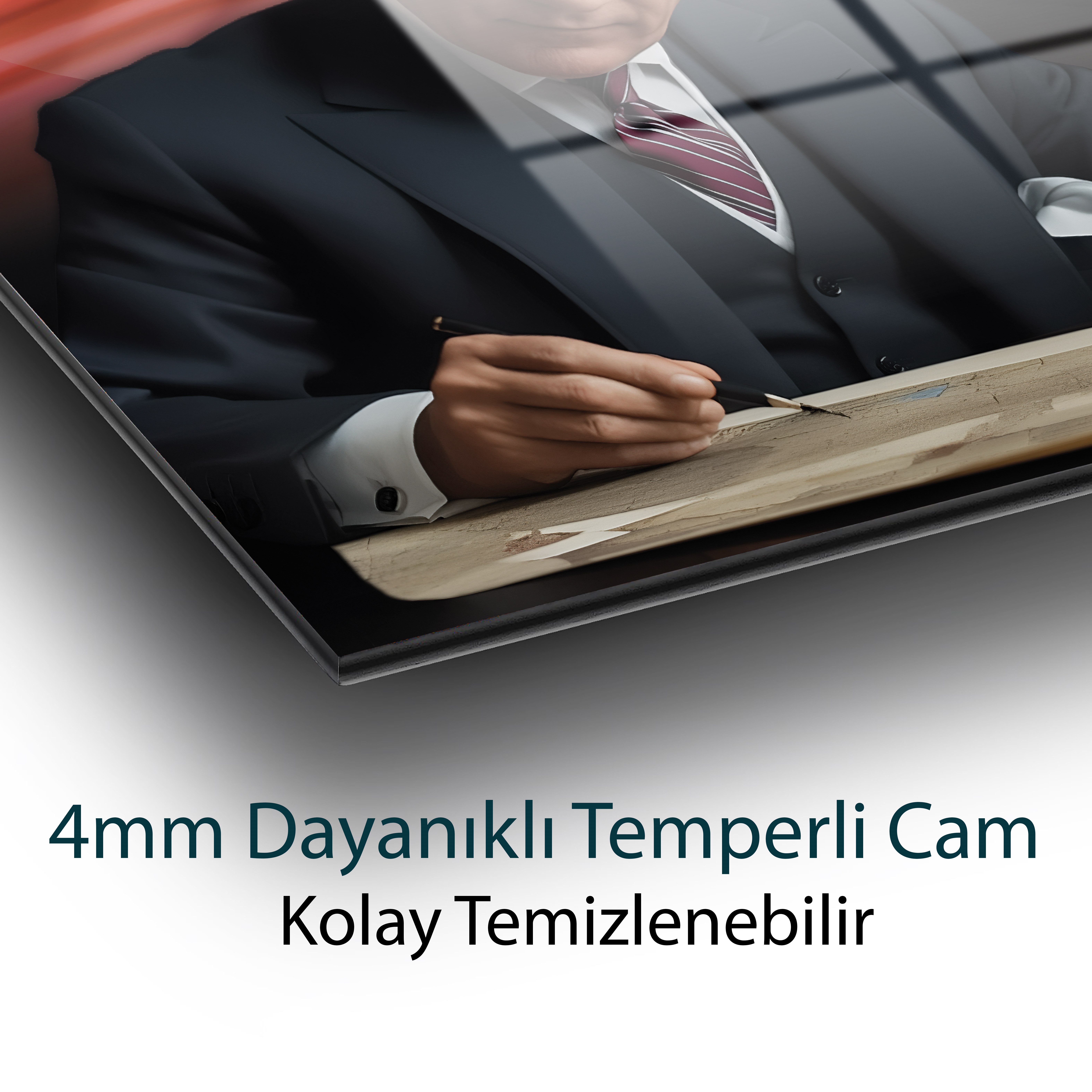 Mustafa Kemal Atatürk İmza Anı Cam Tablo | Türk Bayraklı Atatürk Portresi | 4 mm Temperli Cam Duvar Tablosu